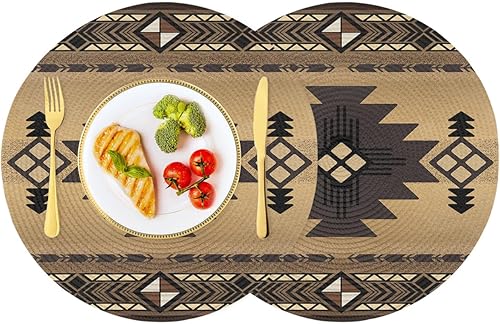 Juego de 2 manteles individuales redondos trenzados, antideslizantes, color negro y marrón tótem en el suroeste de 15 pulgadas, resistentes al