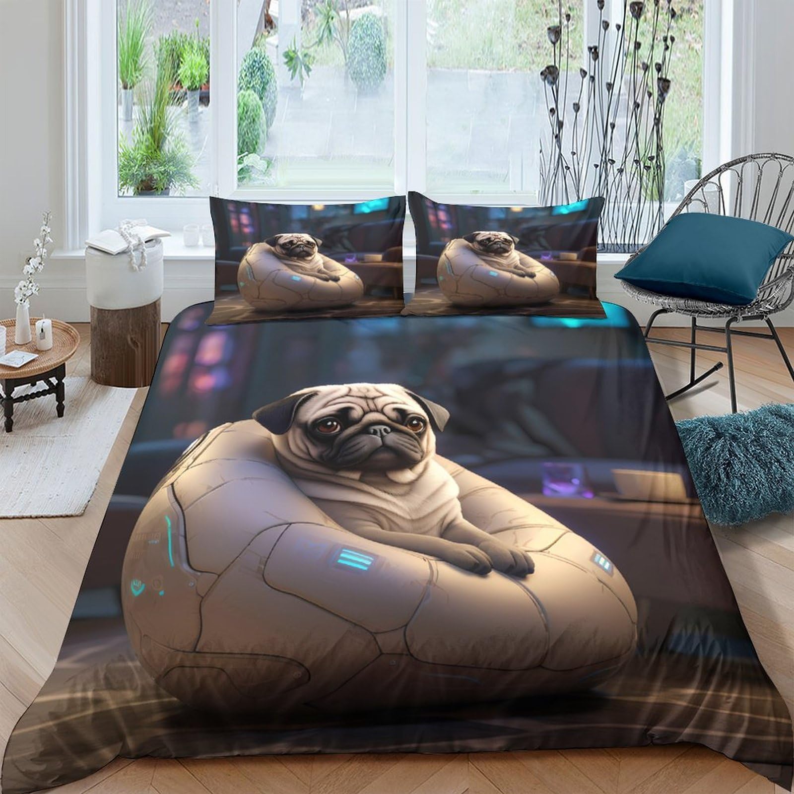 Ctjqhvkz Style-3 3D Printed Pug On Beanbag Fitted Sheet Microfiber Soft Bed Cover For Bedroom Dorm Decorative Mattress Protection Single（135X200cm）