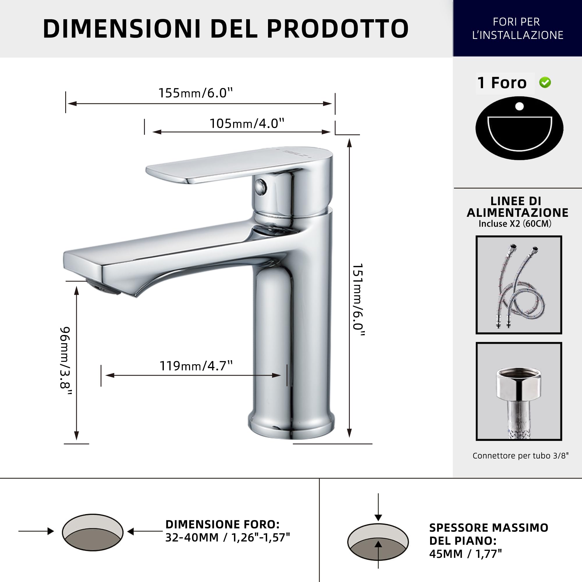BELZ Rubinetto da bagno, miscelatore monocomando per bagno, miscelatore bagno, altezza 96 mm, risparmio energetico, cromato