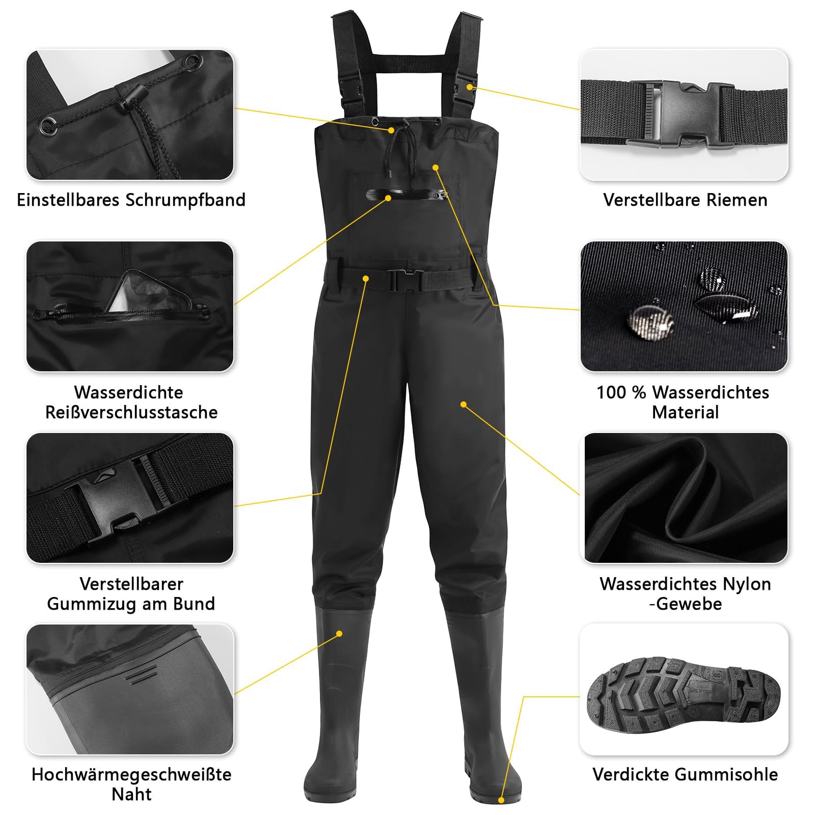 Waders pour homme et femme - Épaissir - Pantalon de pêche avec bottes, cuissardes - Poches de poitrine - Bretelles réglables - Waders en nylon - Pantalon de pêche