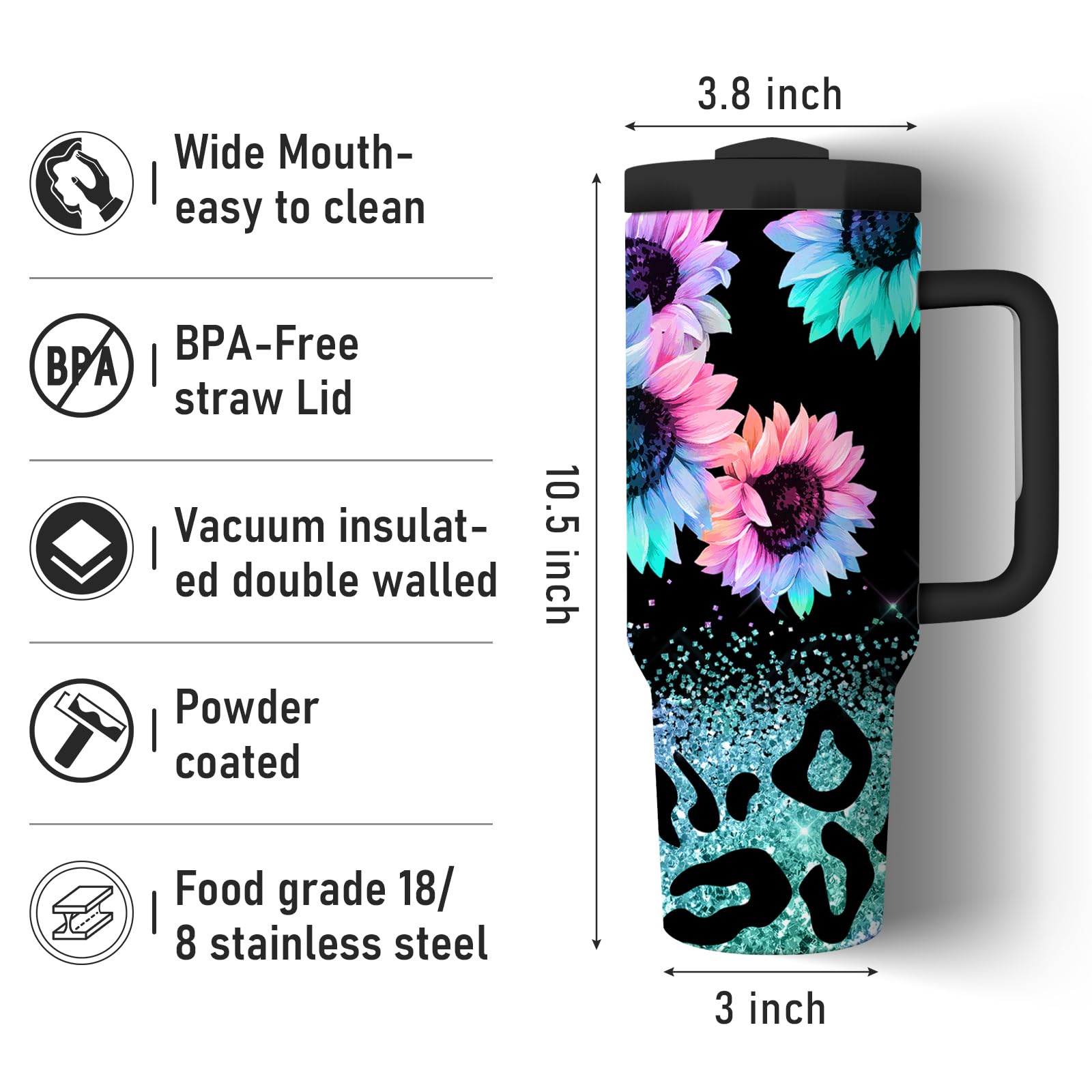 Equoza 40oz Tumbler With Handle & Straw - Black White Flower Design, Double Wall Insulated, Keeps Drinks Hot/Cold For Hours