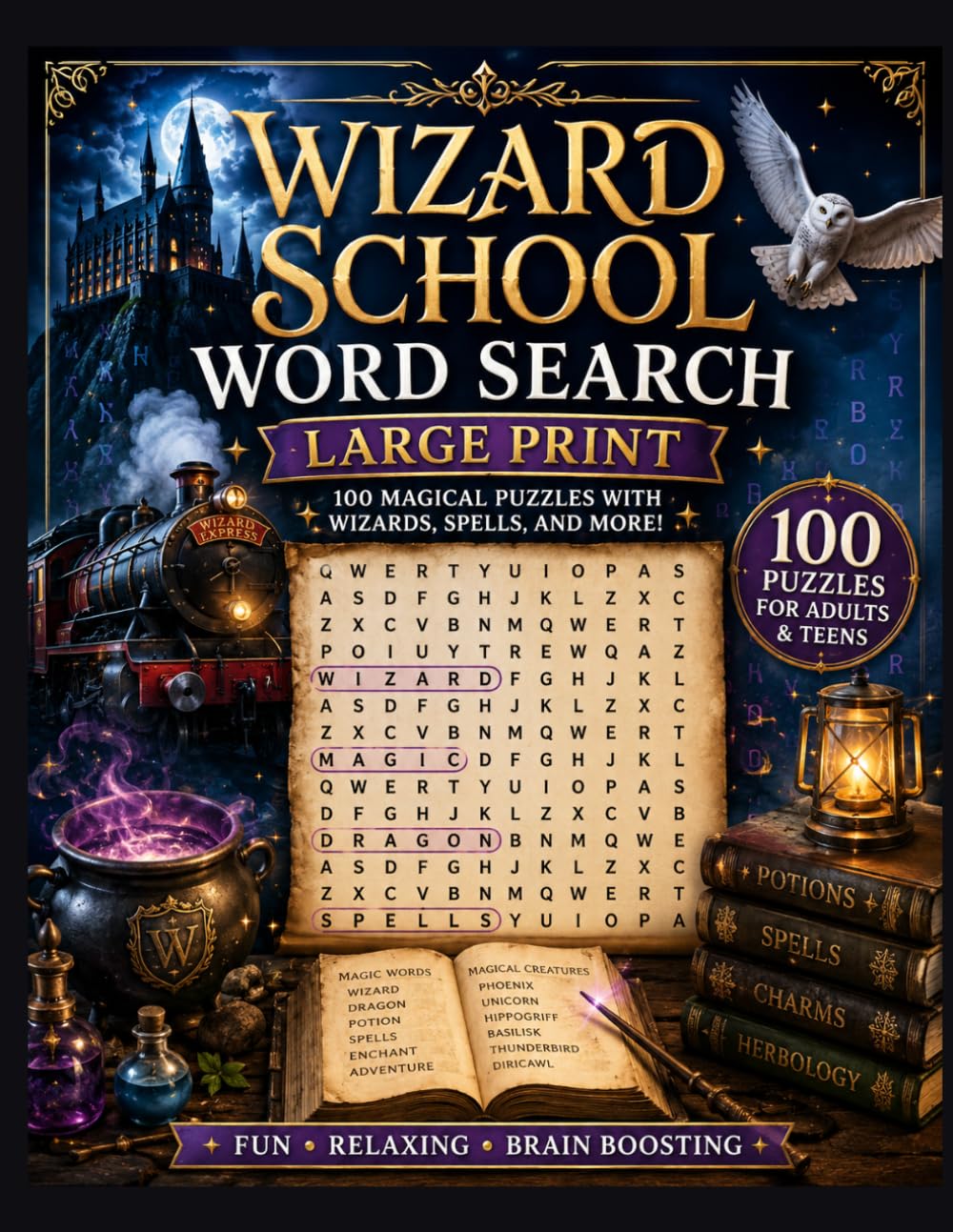 Wizard School Word Search: Large Print Fantasy Puzzle Book with Magic, Dragons, Potions, and Wizard-Themed Word Searches for Adults & Teens (Magical Puzzle Adventures)