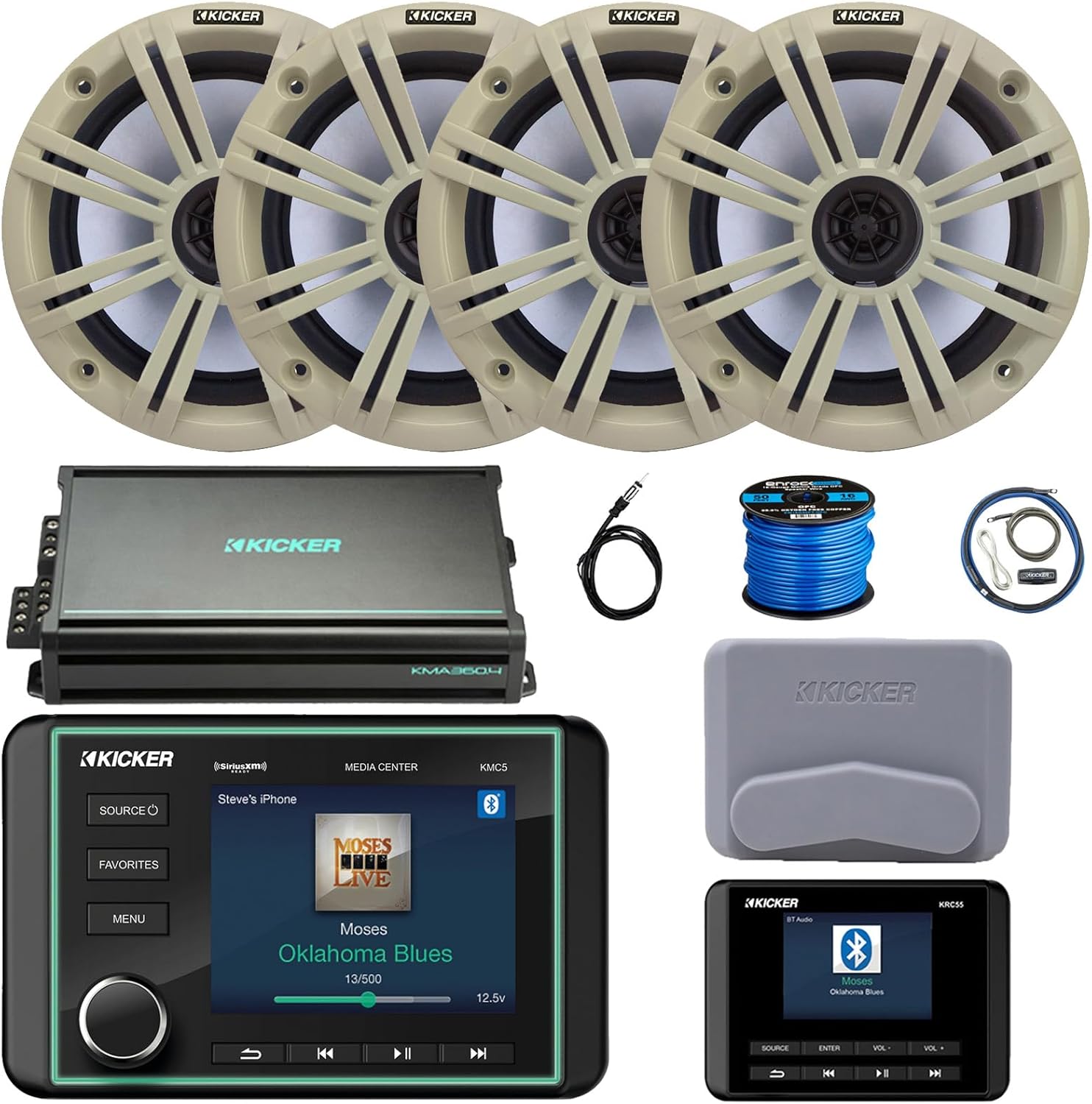 Kicker KMC5 3.5" LCD Display Marine Bluetooth USB/AUX WB AM/FM Gauge Style Receiver W/Digital Controller, 4X 6.5 195W Max Coaxial Speakers W/White Grilles, 4-Channel Amplifier W/Kit, Antenna, Wire
