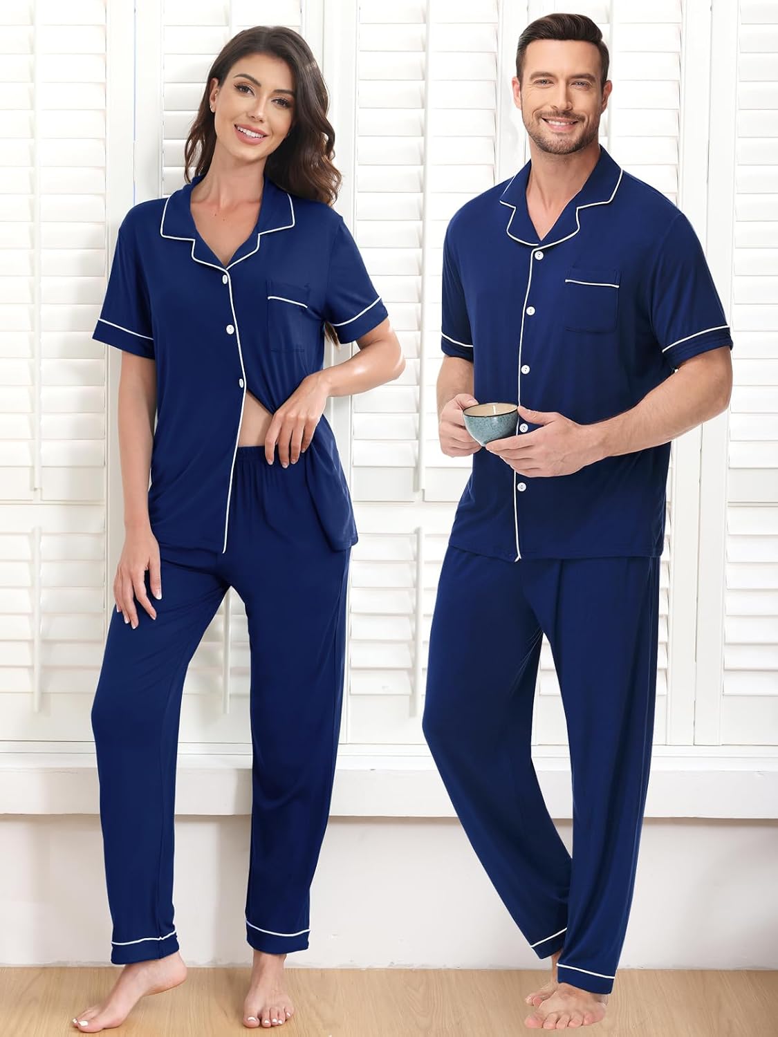 Womens Modal Pajama Set 2 Piece Soft Lounge Set Short Sleeve Button Up Pajama Comfy Pj Pants With Pockets S-3XL - Image 6