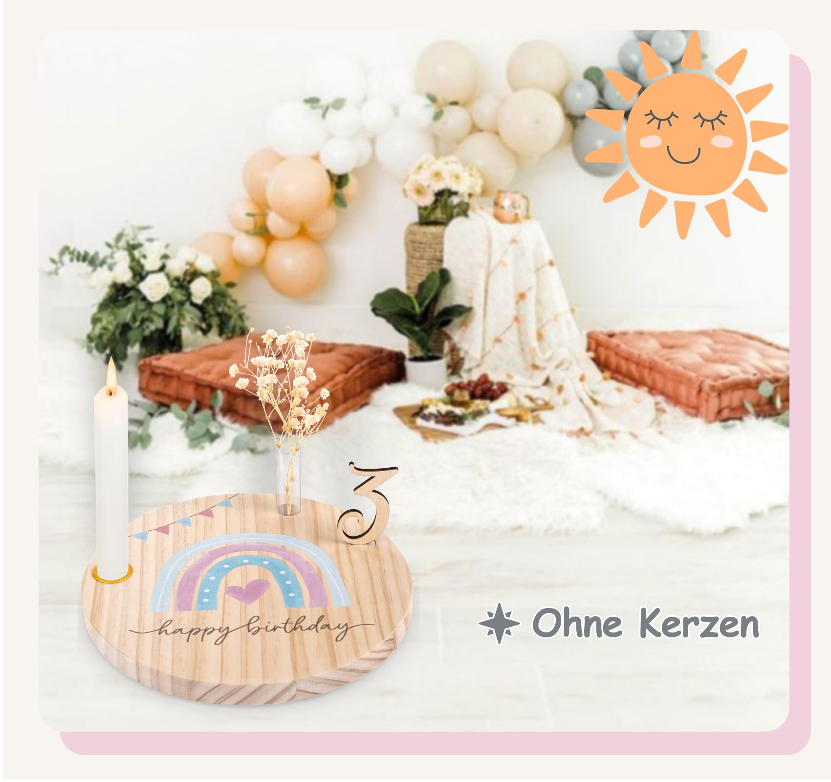 Geburtstagsteller Holz Personalisierter Geburtstagskranz mit Kerzenhalter Vase Zahlen 0-9 Gästebuch Geburtstag Geburtstagsdeko Geburtstagsgeschenk für Jungen Mädchen, (Regenbogen)