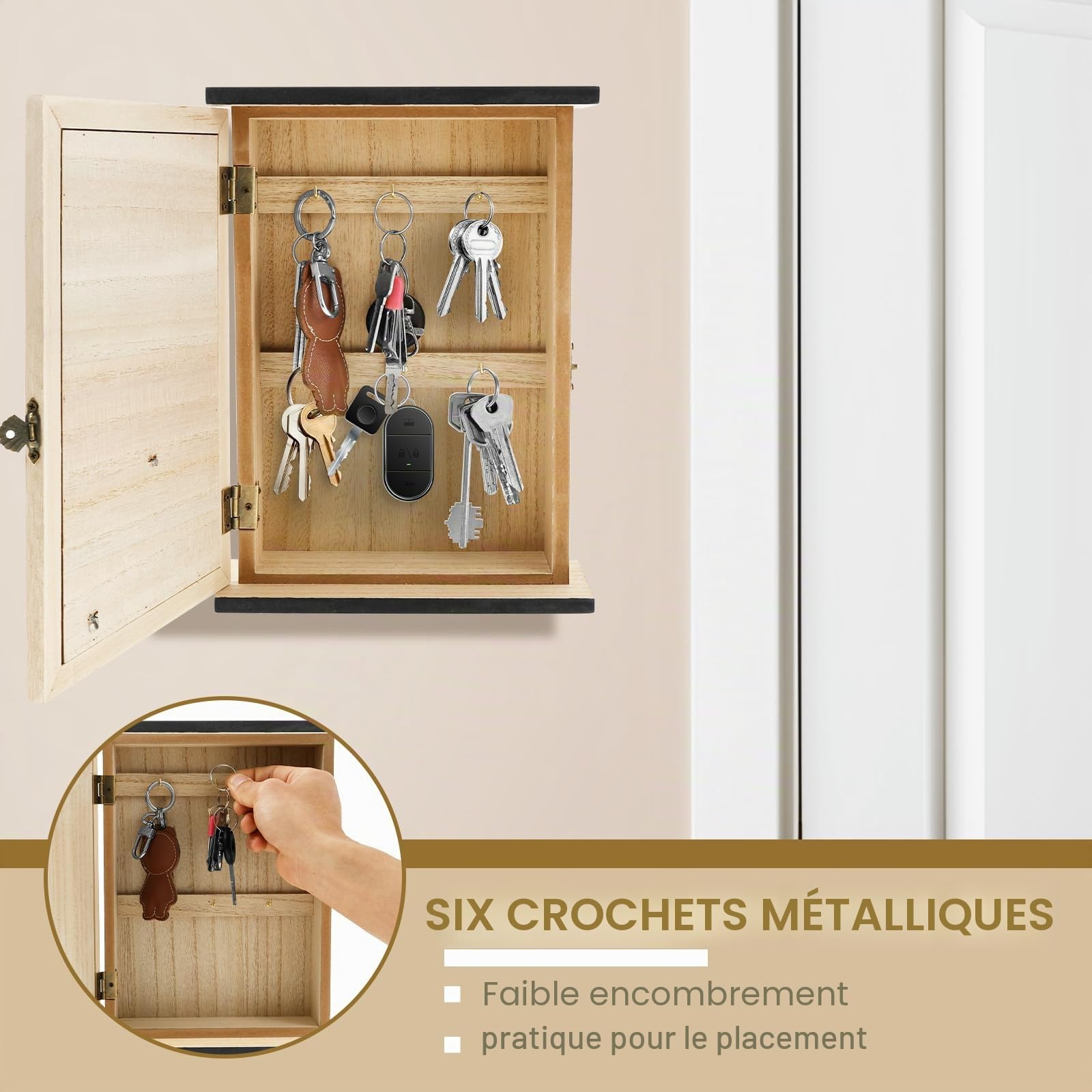 Boîte à clés en bois Toaboa avec 6 crochets à clés, fleurs séchées, rangement mural pour clés, support mural vintage pour entrées, salons, salles de bains et couloirs