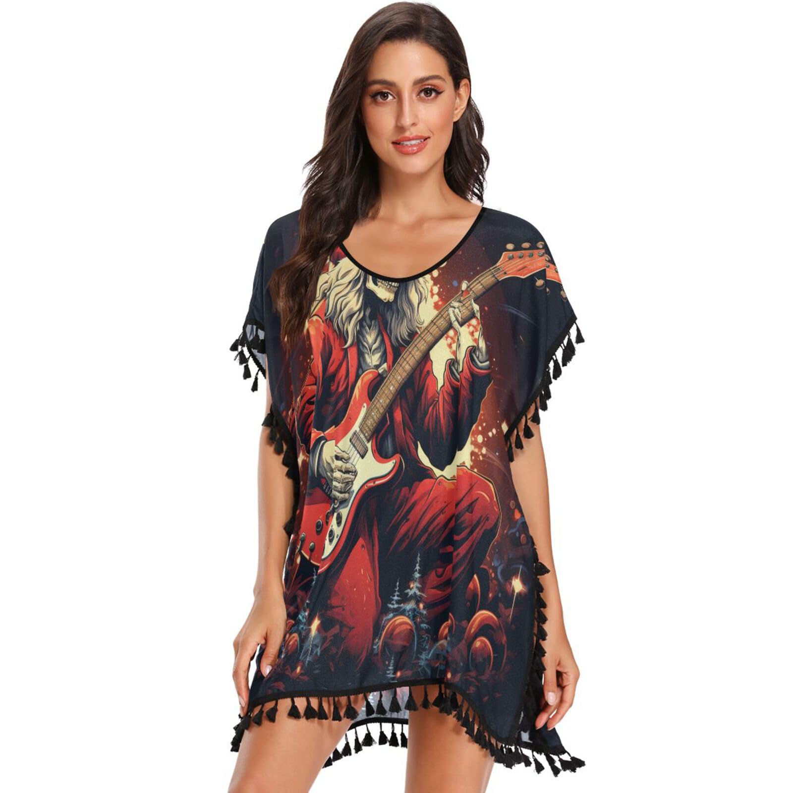 KAAVIYO Christmas Skull Santa Women's Beach Cover Up Chiffon Tassel Swimwear Swimsuit Coverups for Girl