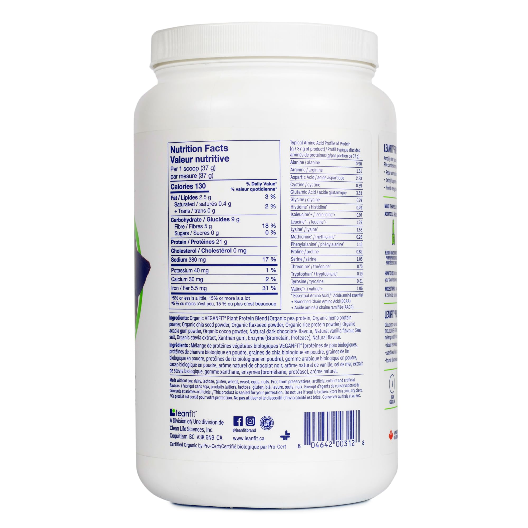 LEANFIT ORGANIC PLANT-BASED PROTEIN, Natural Chocolate - Vegan, Soy Free, Gluten Free, Dairy Free, Sugar Free - 21g Protein, 19 Servings, 715g Tub - 3