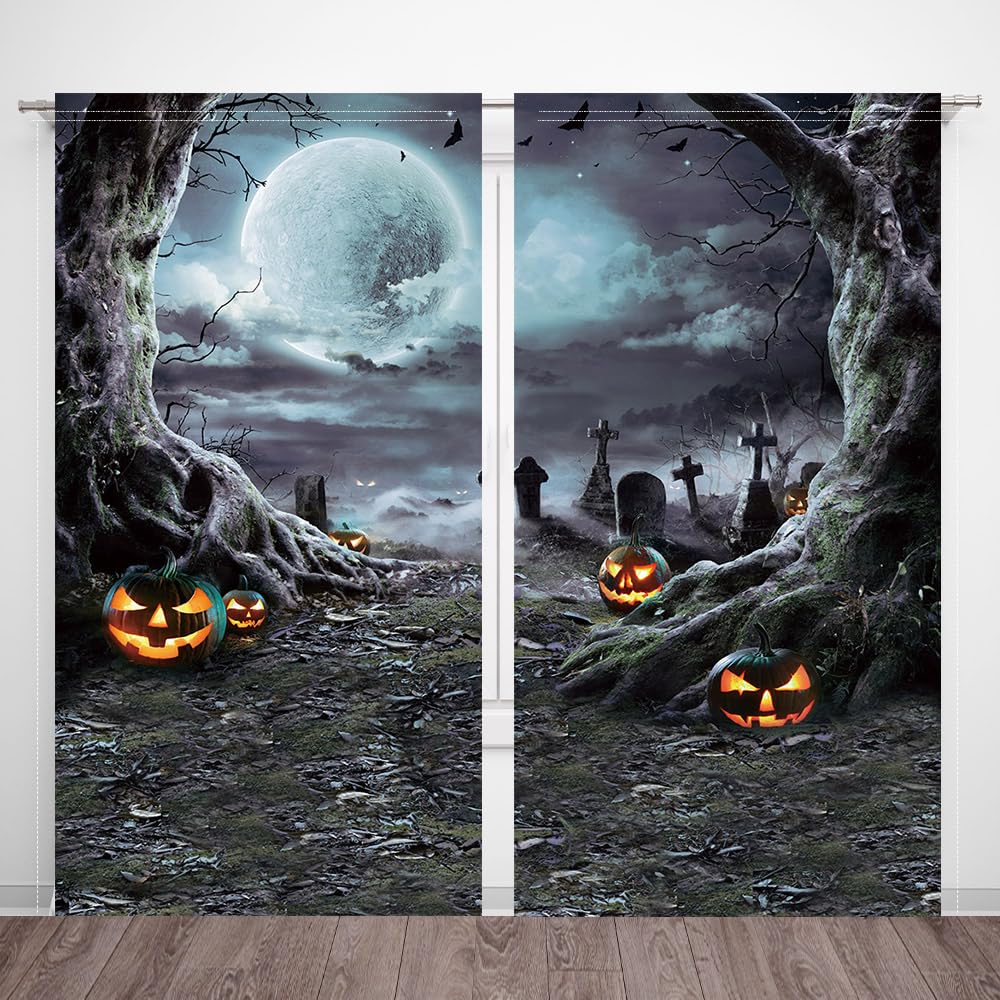 82 x 84 Inches Halloween Spooky Forest Window Curtain Dark Misty Woods Party Decor Curtains Horrible Pumpkin Lantern Dining Room Living Room Decoration Drapes 2 Panel Set Polyester