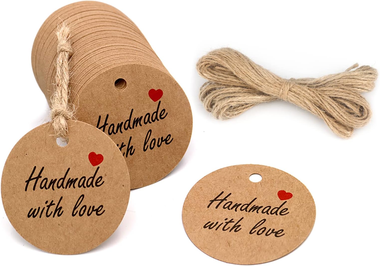 G2PLUSHandmade Gift Tag, 100PCS Handmade with Love Tags, 2'' Round Gift Tag, Kraft Paper Gift Tags with String for Gift Wrapping, Valentines, Wedding Party Favors, DIY & Craft Project