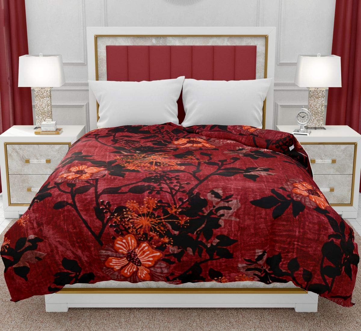 Spangle Printed Floral Self Warm Soft Luxurious 400 TC Mink Double Bed Blanket (Maroon)