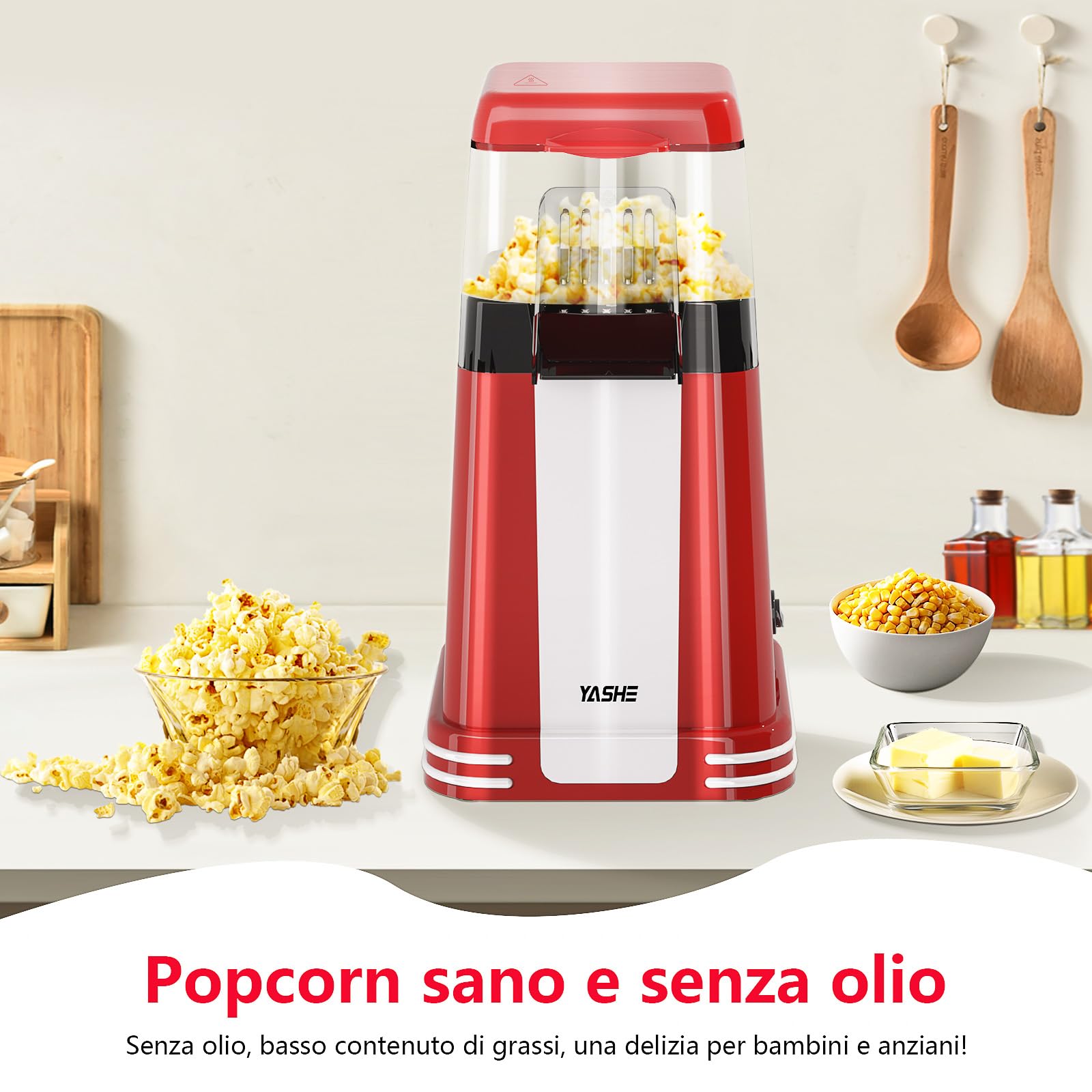 YASHE Popcorn Machine Retro, 1200W Hot Air Popcorn Maker con Misurino, One-Touch, Senza Olio, Perfetta per il Cinema Casa, le Serate Cinematografiche, le Feste