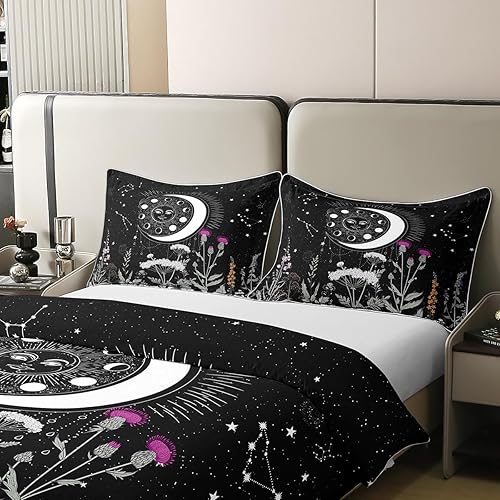 Miniatura 4 de Juego de funda de edredón con diseño de sol y luna, 100 % algodón, tamaño matrimonial, 1 panel, estilo bohemio exótico, galaxia exótica, juego de