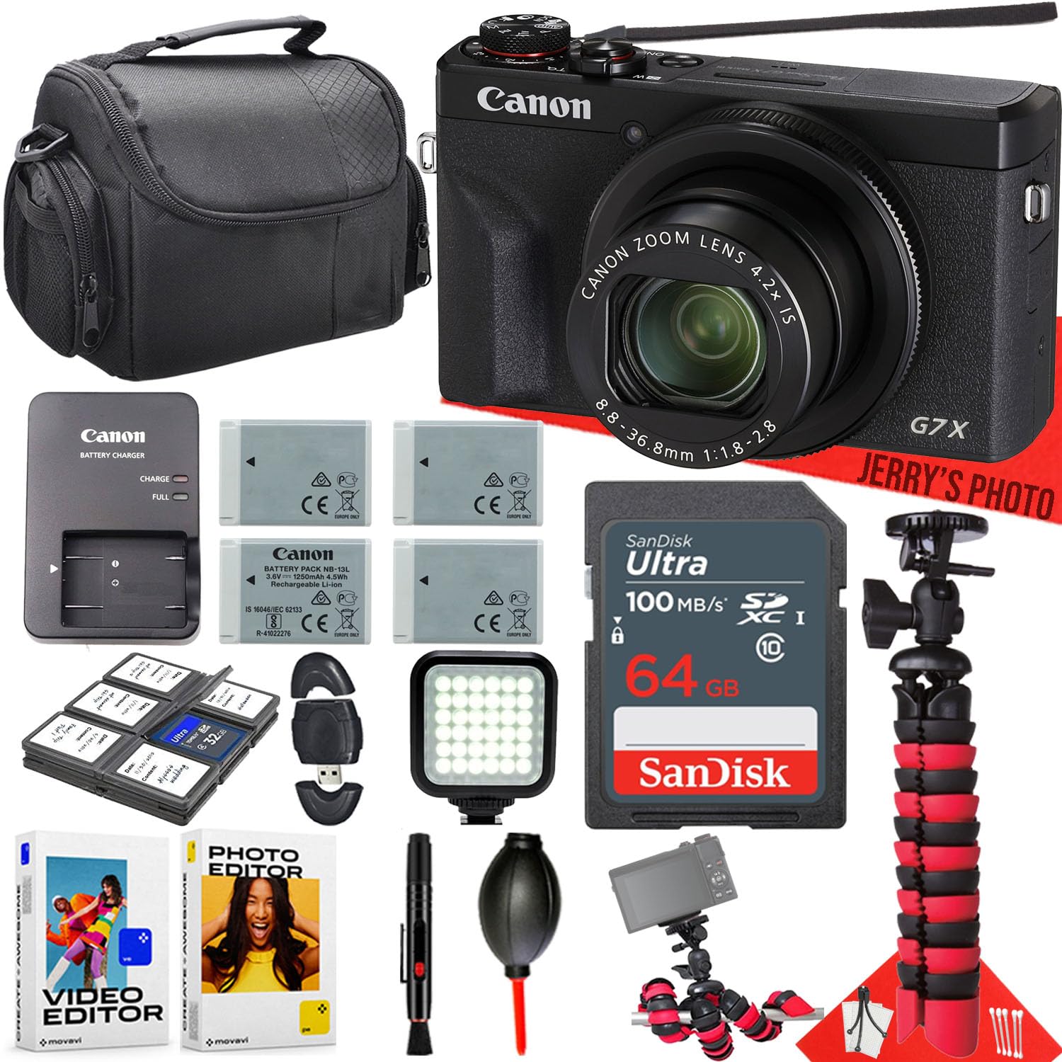 Canon PowerShot G7 X Mark III Digital Camera + Led Light + 64GB Memory + 3pc Extra Batteries + Spider Tripod + Cleaning Kit + More (17pc Bundle) (