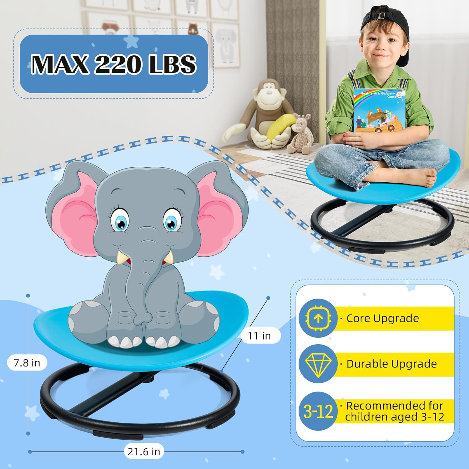 2026 New Upgraded Kids Sensory Swivel Chair, Autism Spinning Chair for Body Coordination Training, Autism Sensory Chairs for Autistic and ADHD Kids, Spin Seat, Non-Slip Metal Base(Blue)