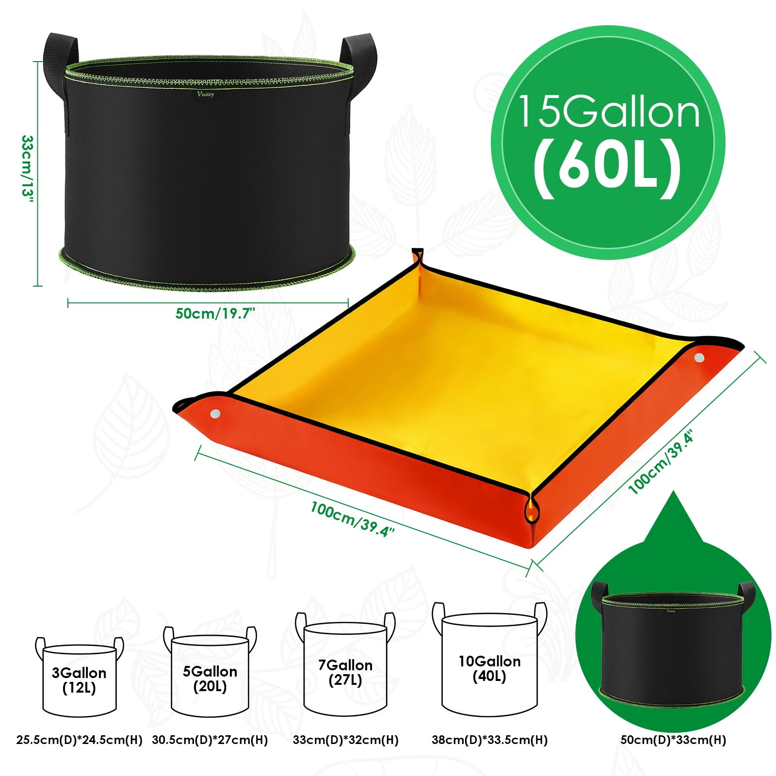 Vinitoy 15 Gallon Grow Bags, 5 Pack Thickened Nonwoven Fabric Containers with Extended Handles - Image 2