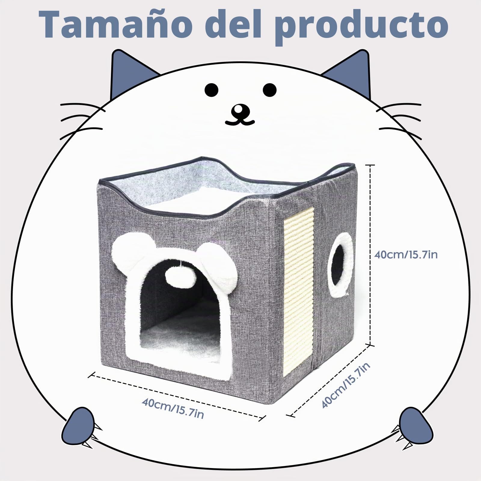 Casa Gatos Interior, Cama para de Interior 40×40×40 cm, diseño con Bola esponjosa Colgante y Alfombra para rascar, escondite Plegable para (Gris)