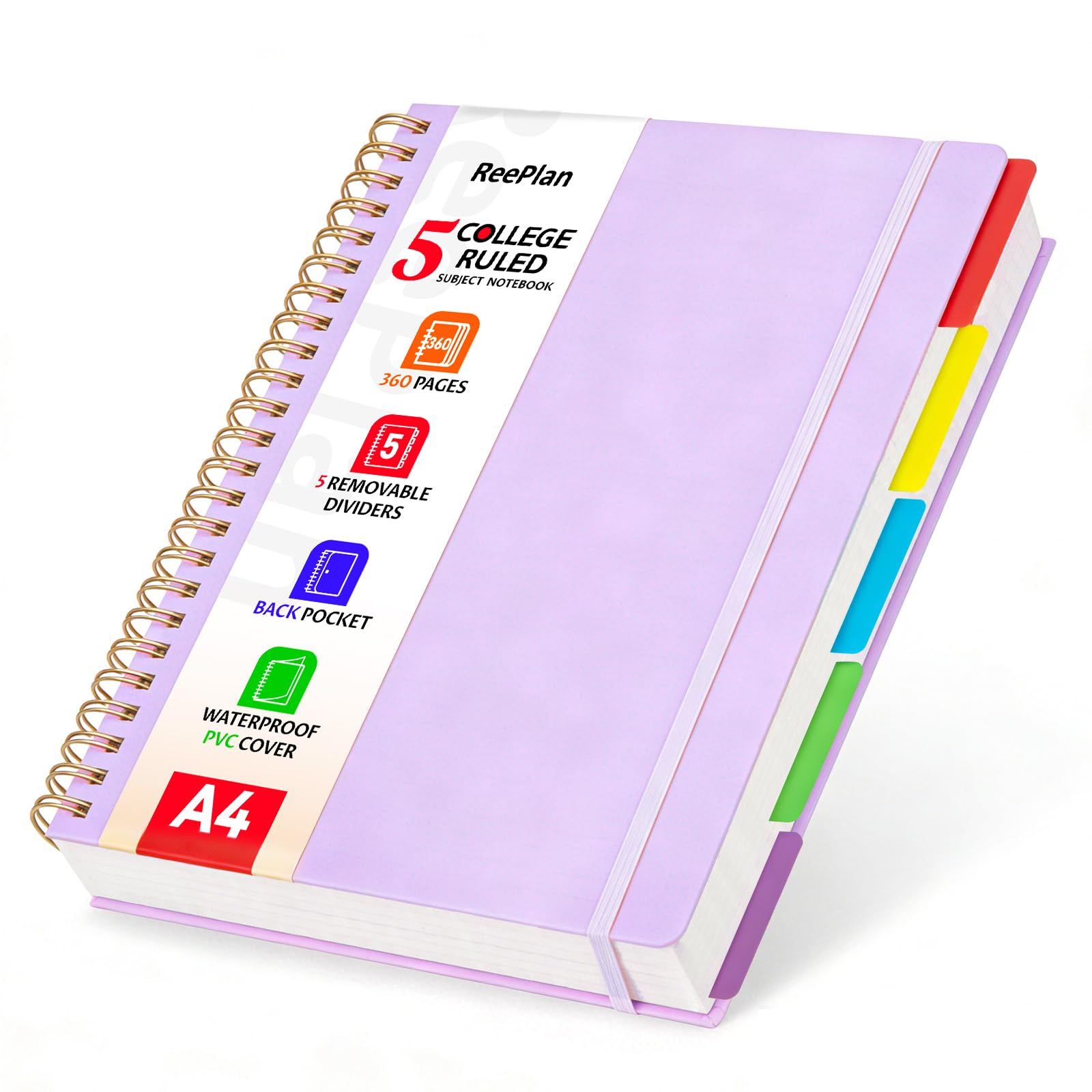 ReePlan 360 Pages A4 Spiral Notebook, 5 Subject Notebooks College Ruled, 100 GSM Thick Paper Lined Journal, Large Note Book with Removable Dividers for School, Office, Work and Writing (Purple)