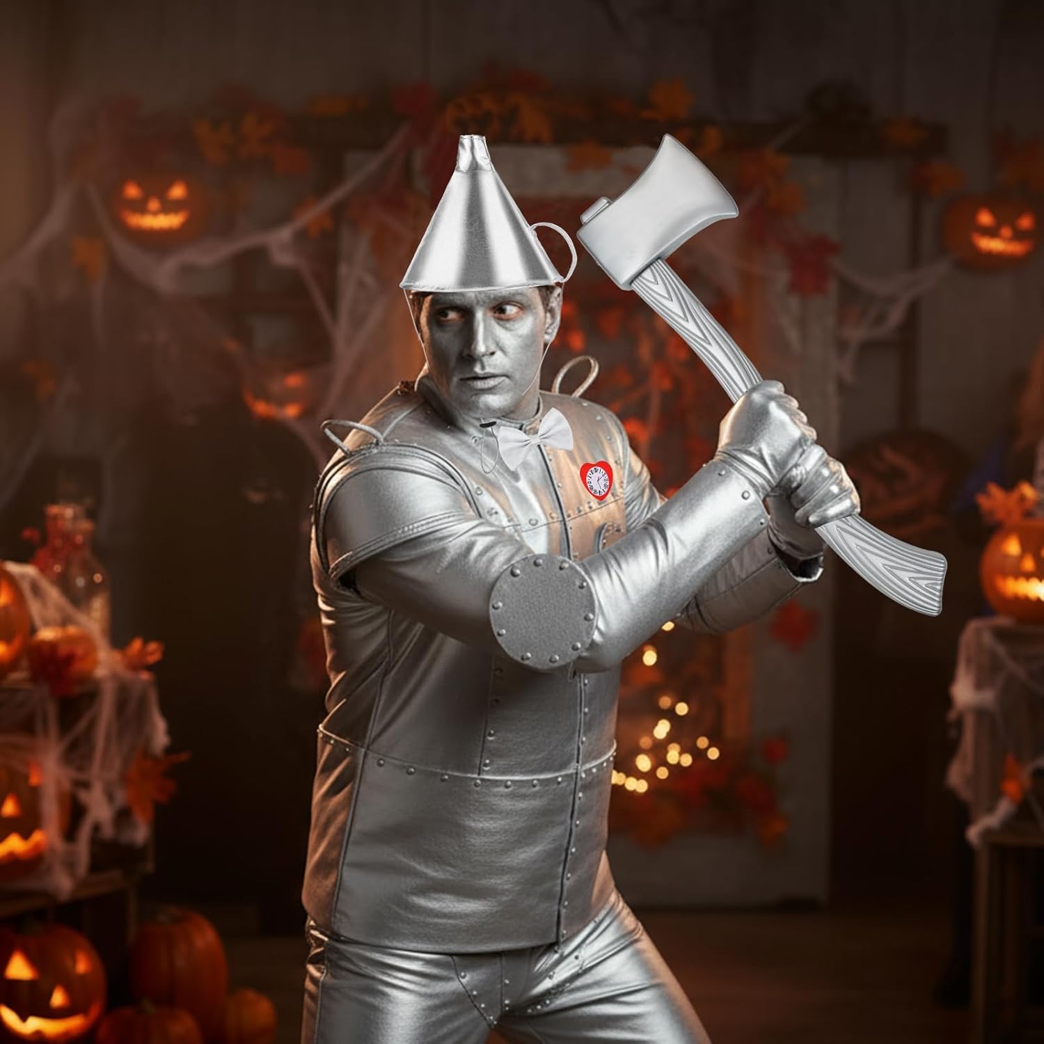 5pcs Silver Tin Costume Accessories Set for Adult Halloween Party, Funnel Hat, Gloves, Axe, Bow Tie Cosplay Outfit - Image 6