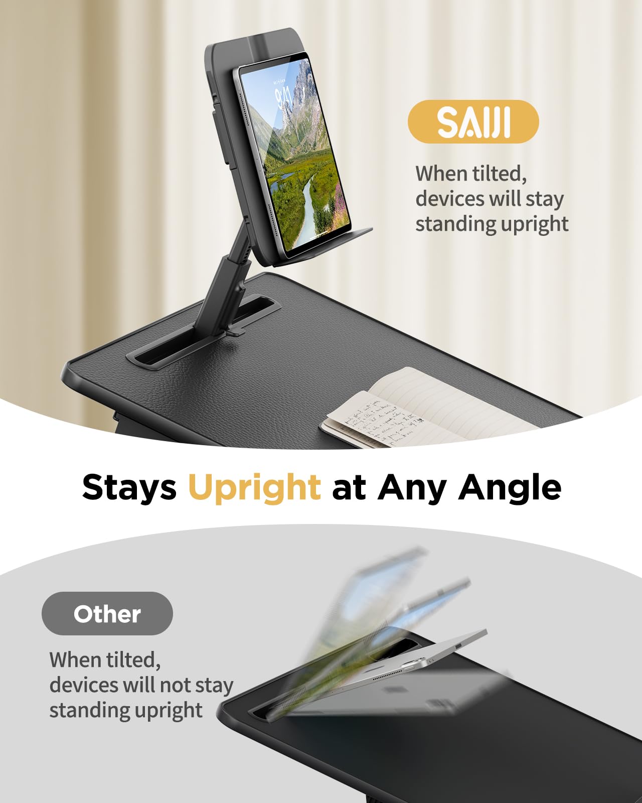 SAIJI Scrivania da letto per laptop [Premium XXL extra large] con supporto regolabile in altezza, multiuso, di alta qualità, scrivania pieghevole per laptop con cassetto portaoggetti (nero)