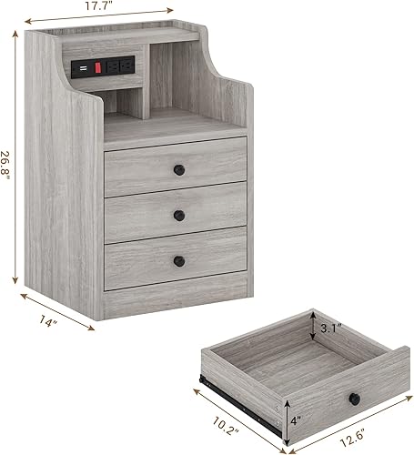 Miniatura 2 de Tiptiper Juego de 2 mesitas de noche grises con gabinete y estación de carga, mesita de noche con 3 cajones para dormitorios, juego de 2, mesa