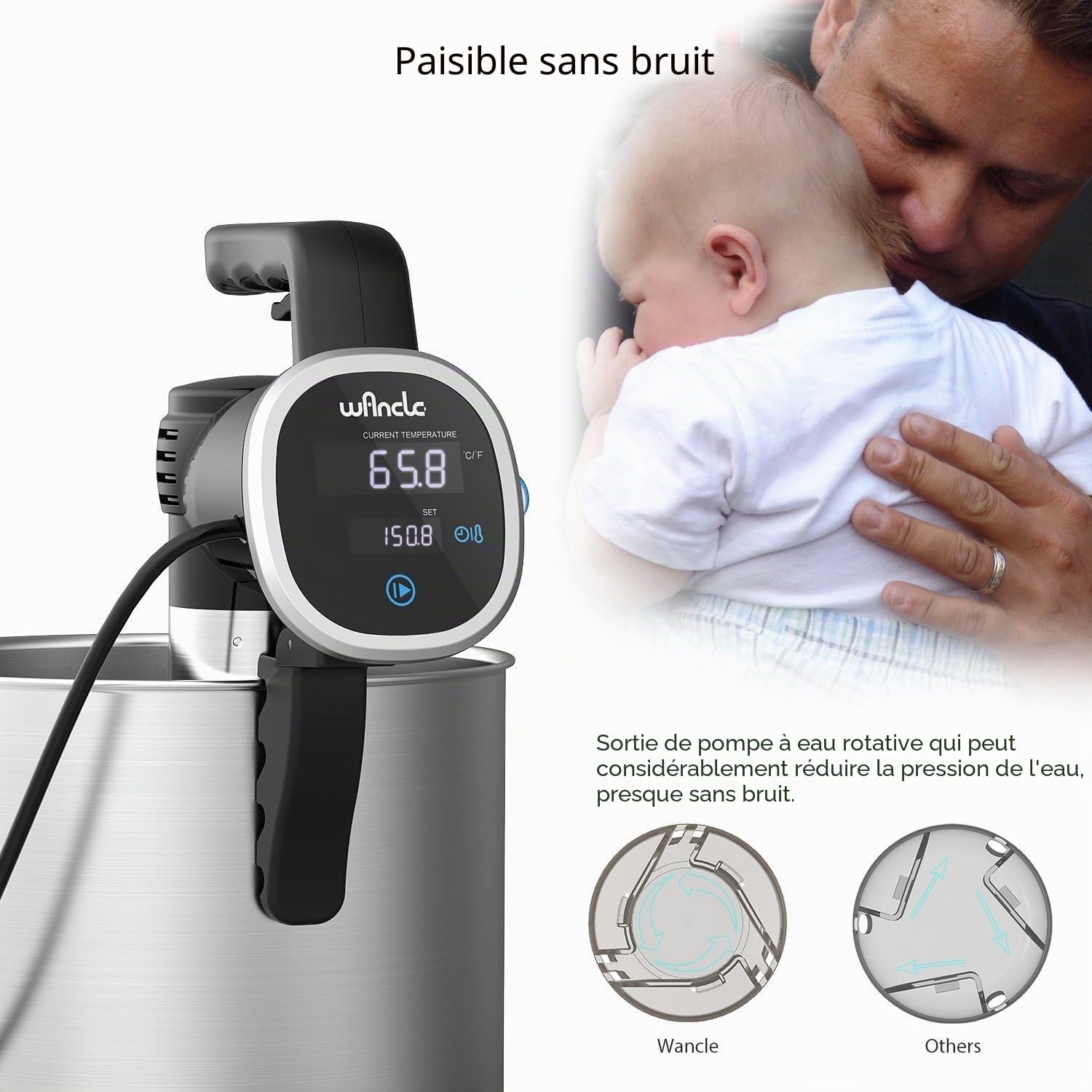 Cuiseur Sous Vide, Wancle Cuisson Sous Vide, 850 W, contrôle précis (+/- 0,1С), silencieux, fonctionnement à une main