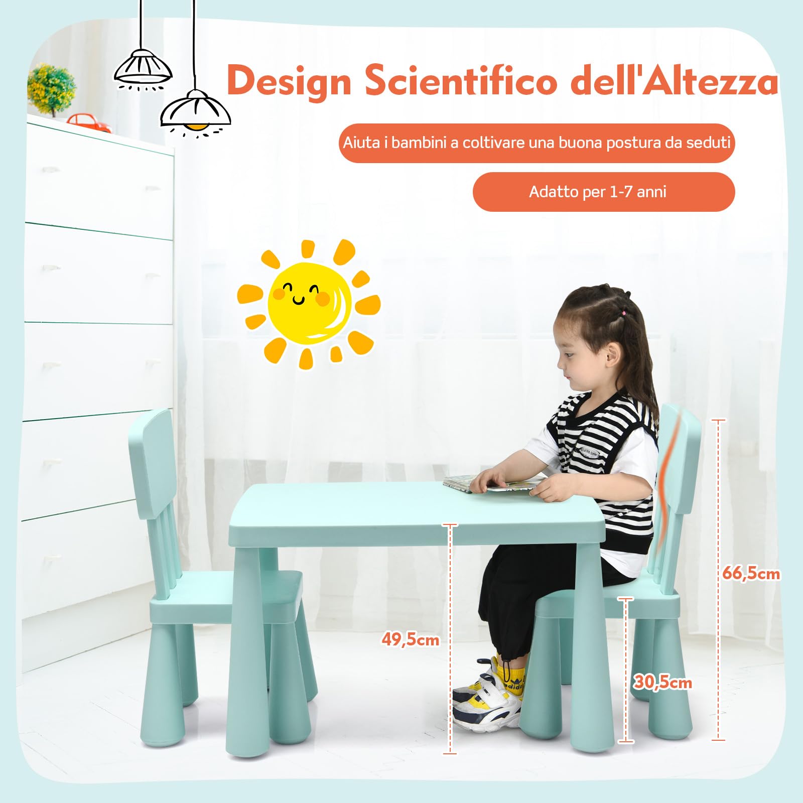RELAX4LIFE Tavolino per Bambini con 2 Sedie in PP Atossico, Montaggio senza Attrezzo, Portata di 50 KG, Tavolo: 54,5x76,5x49,5cm, Sedie con Schienale: 36x35x66,5cm (VERDE)