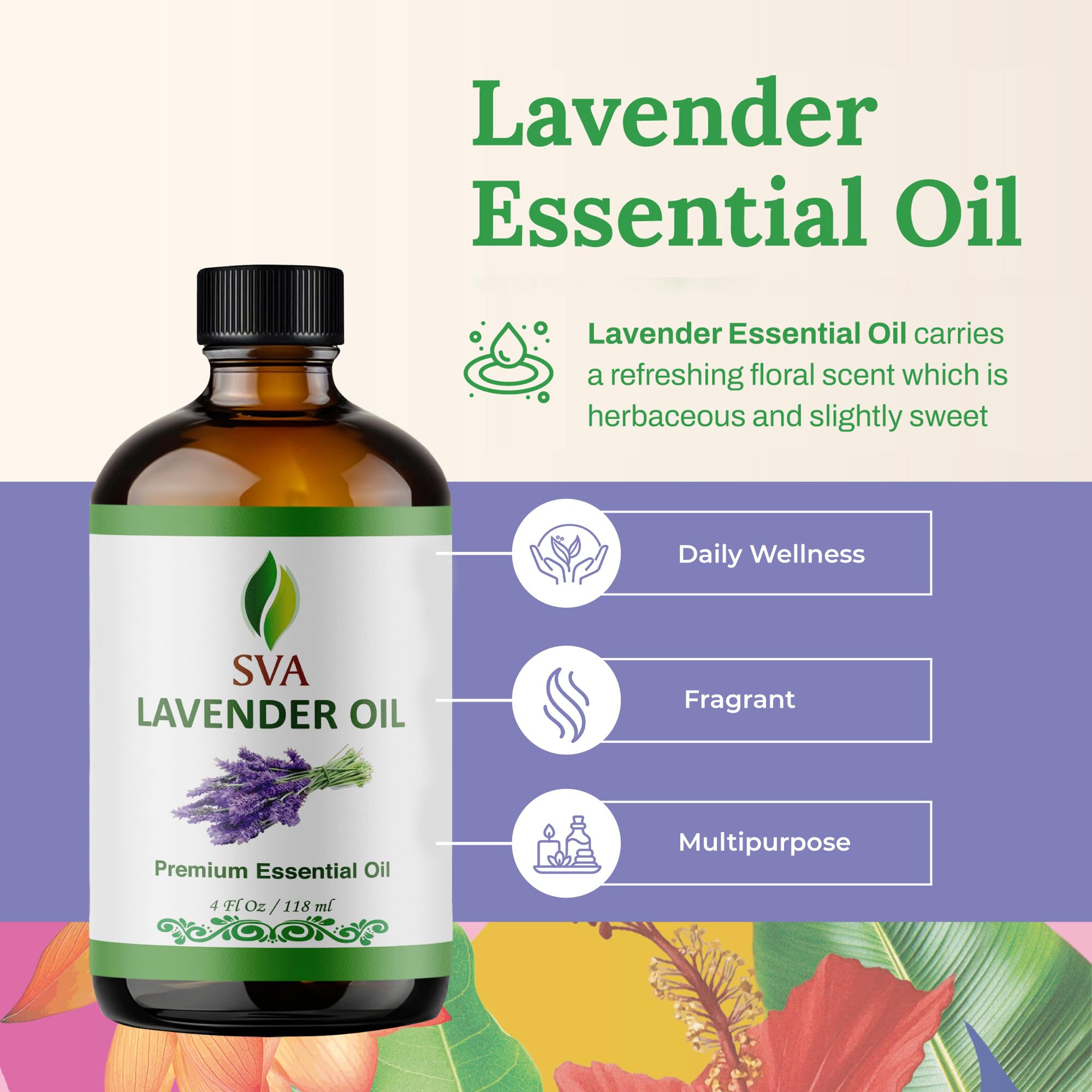 SVA ORGANICS Aceite esencial de lavanda 100% natural, aceite aromático de grado terapéutico, 4 Fl Oz con cuentagotas, aceites de aromaterapia naturales 4 Fl Oz (paquete de 1)