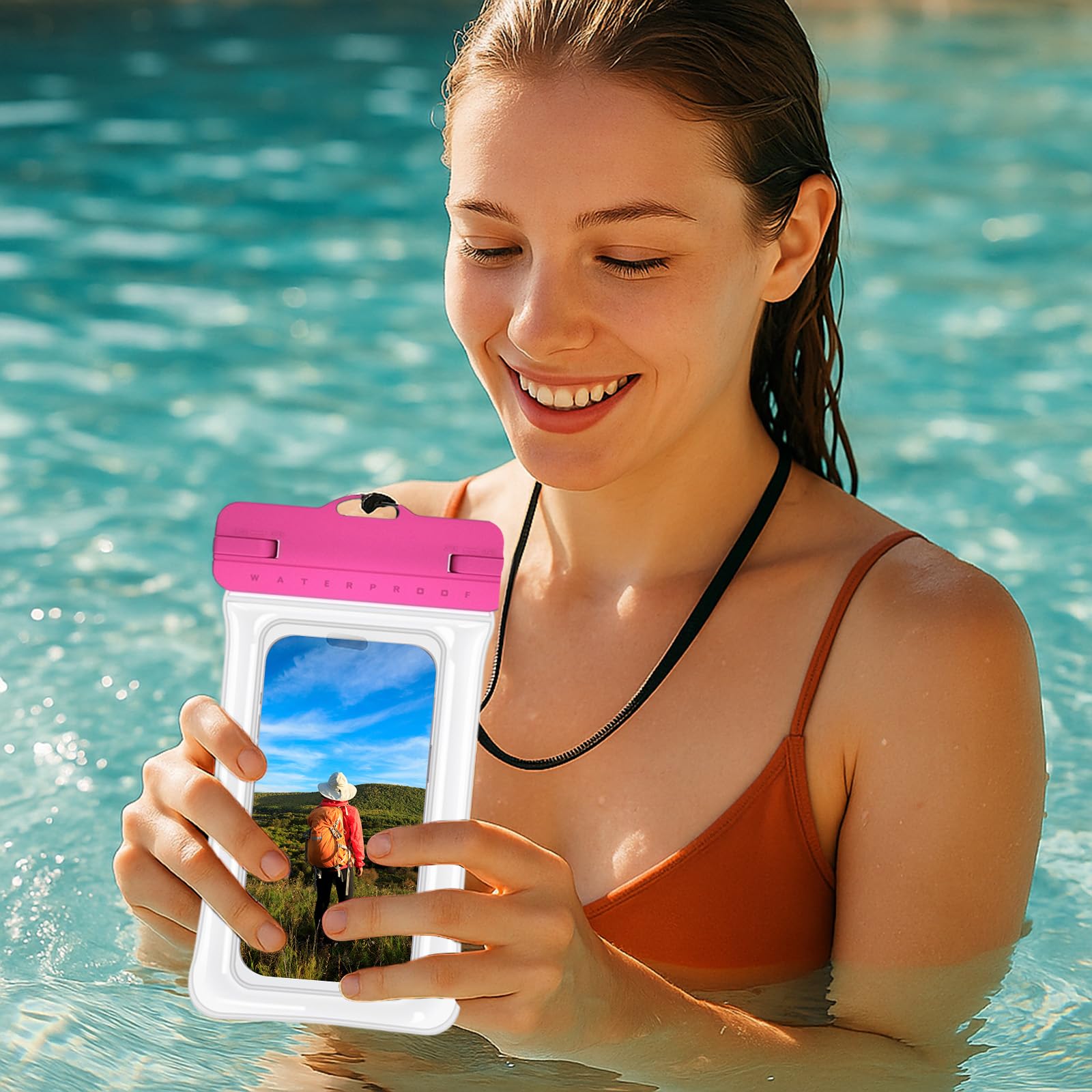 Inflatable Mobile Waterproof Bag Universal Waterproof Case Compatible for Phone(Rose red)