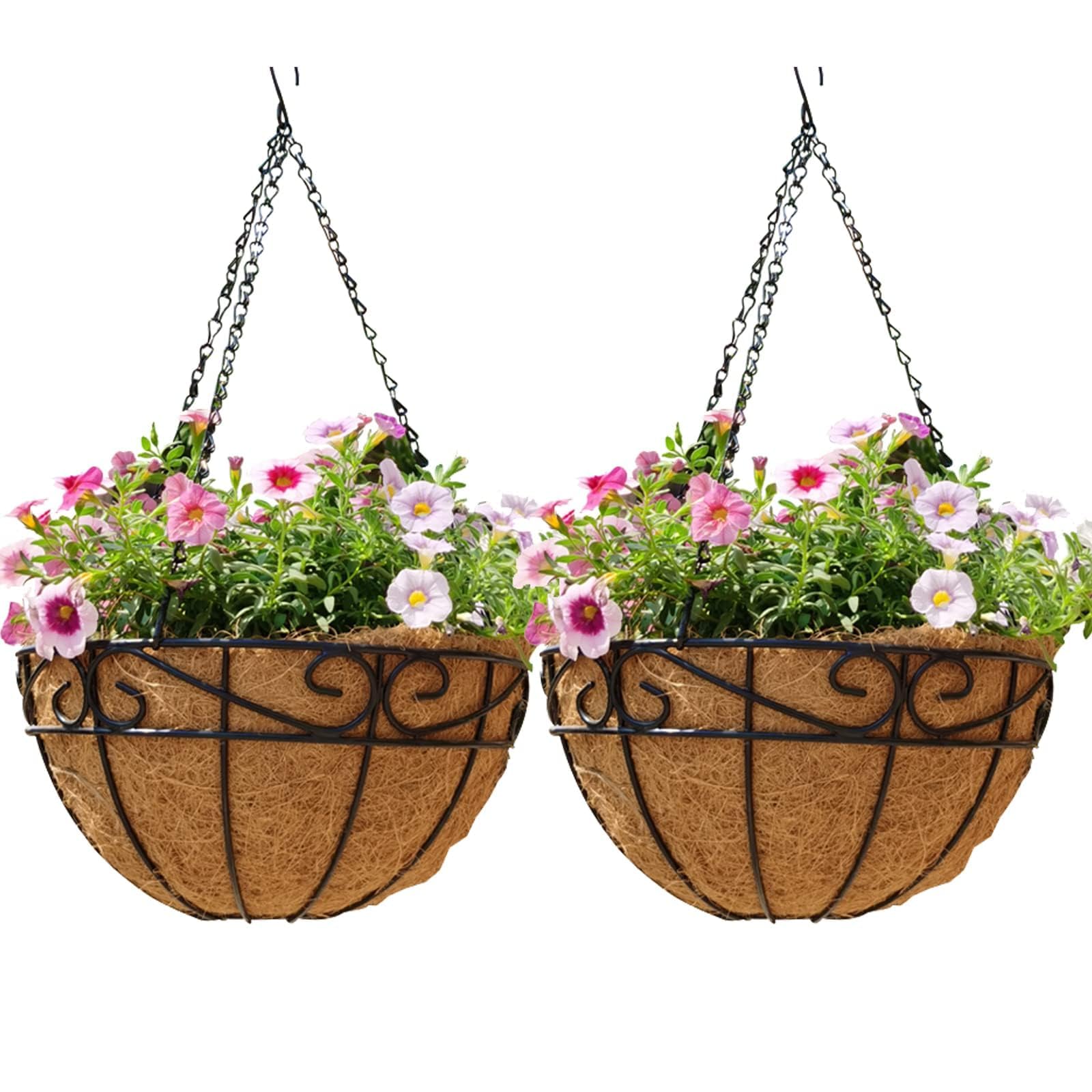 EIMQUVW Outdoor Metal Hanging Planters Basket (2pack, 12 inch) Hanging Baskets for Plants Chain Round Wire Plant Holder with Coco Fiber Liners for