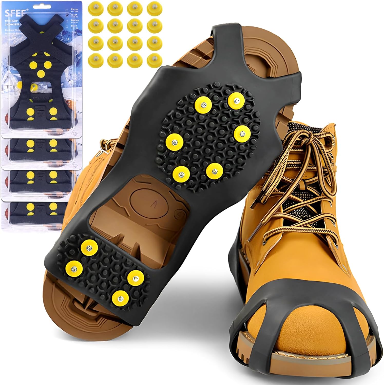 Sfee Ice Cleats for Boots Shoes, Snow Grips Cleats for Ice and Snow Anti-Slip Rubber Traction Cleats for Walking on Snow and Ice 10 Steel Studs Crampons for Hiking, Walking, Climbing, Jogging