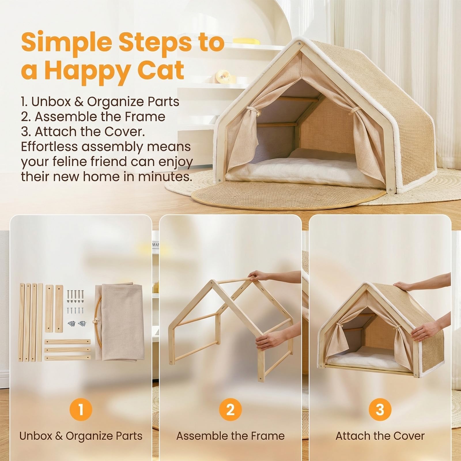 Cuccia Gatto Interno Chiuso, Casetta per Gatti in Legno con Sisal, Tenda Morbida per Gatti Timidi, 2 in 1 con Cuscino, 50x40x40cm