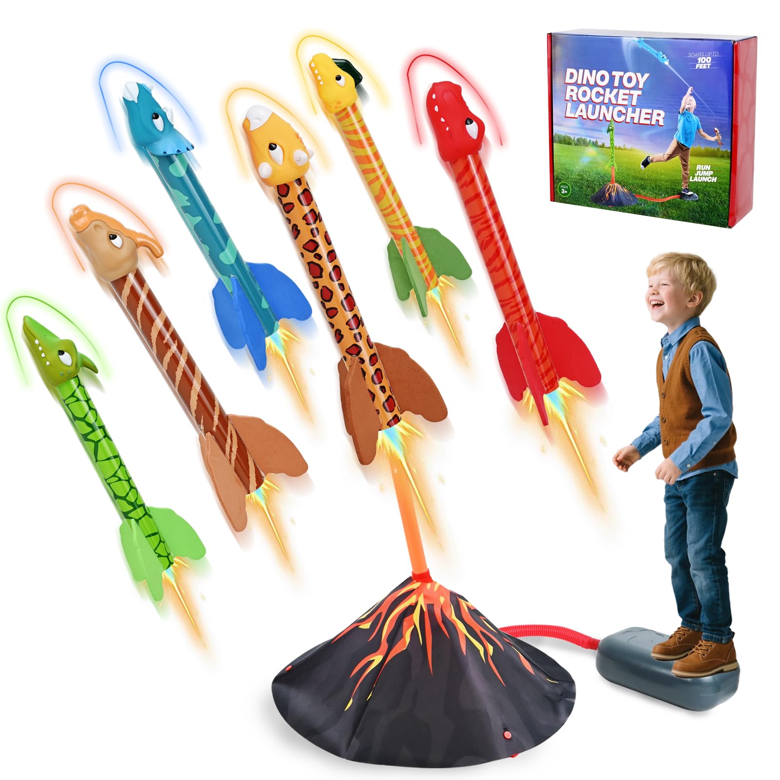Joellfuner Lanciarazzi Giocattolo, Giocattoli Dinosauro Razzo, Gioco di Razzi con Pompa Lancio e 6 in Schiuma, Giochi da Giardino Esterno per Bambini, Regali per Ragazzi e Ragazze di 3-12 Anni