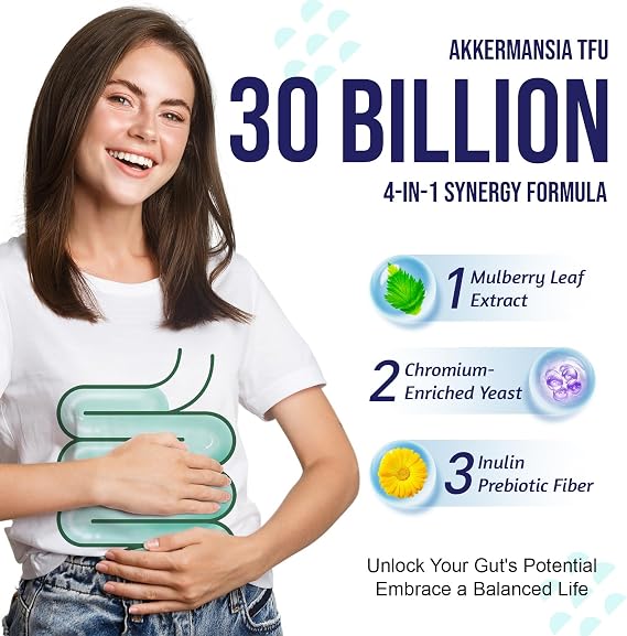 Akkermansia Muciniphila 300 B TFU + Mulberry-Leaf DNJ Extract + Chromium-Enriched Yeast + Inulin Prebiotic - Vegan, High-Temp-Stable Synbiotic for Health, 30 Capsules