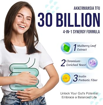 Akkermansia Muciniphila 300 B TFU + Mulberry-Leaf DNJ Extract + Chromium-Enriched Yeast + Inulin Prebiotic - Vegan, High-Temp-Stable Synbiotic for Health, 30 Capsules