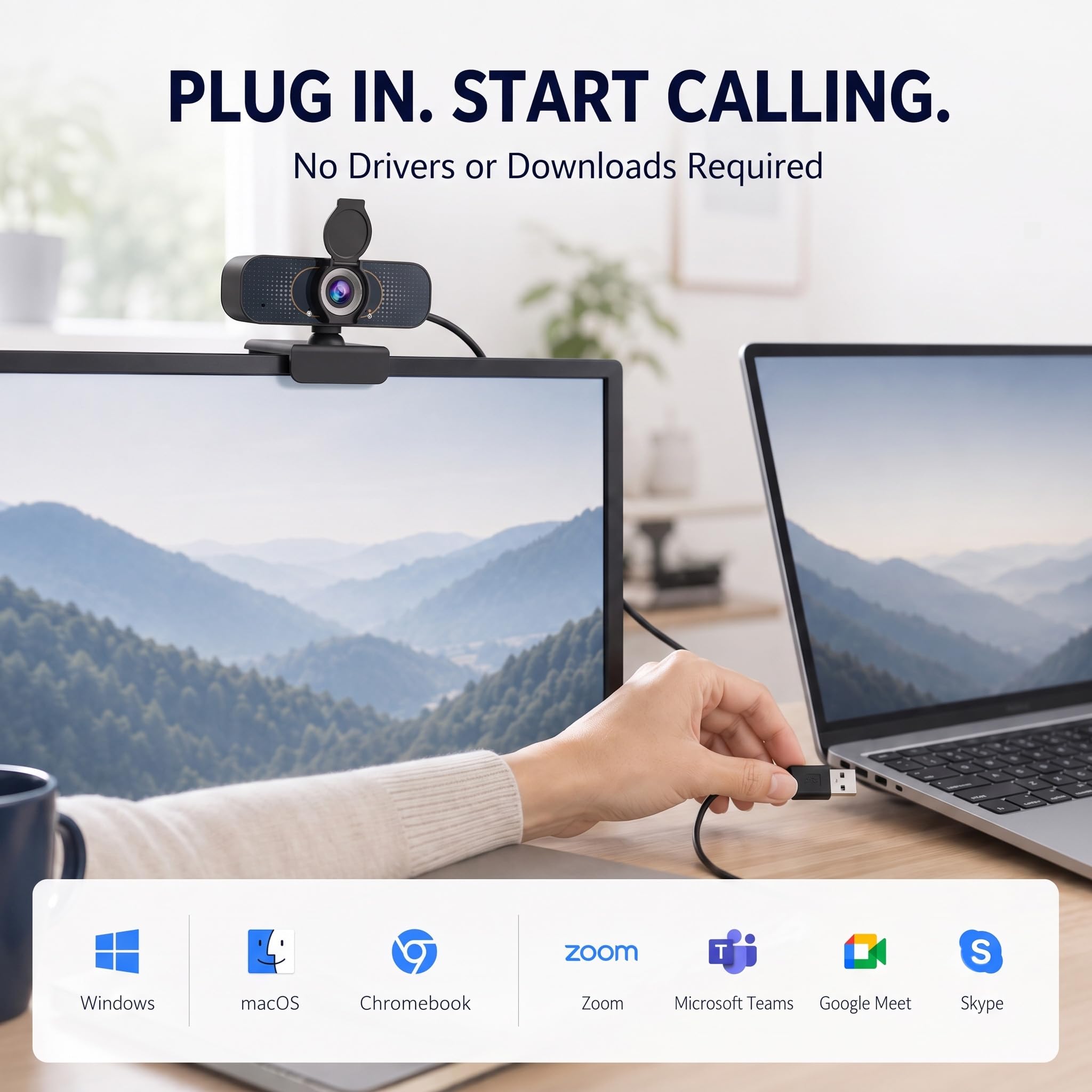 Webcam HD 1080P con treppiede girevole, microfono integrato, copertura per la privacy, fotocamera grandangolare, correzione automatica della luce, USB Plug & Play, per laptop, desktop, PC