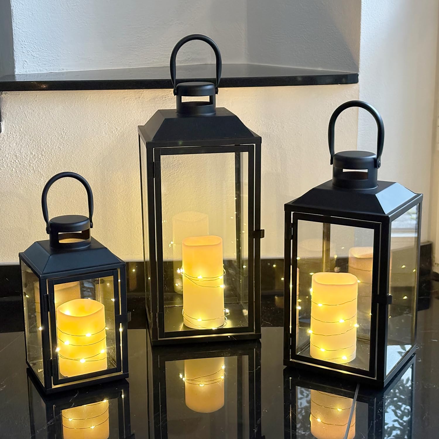 Set di 3 lanterne da giardino, lanterne in metallo, per esterni, in metallo, colore nero, altezza 24/33/41 cm