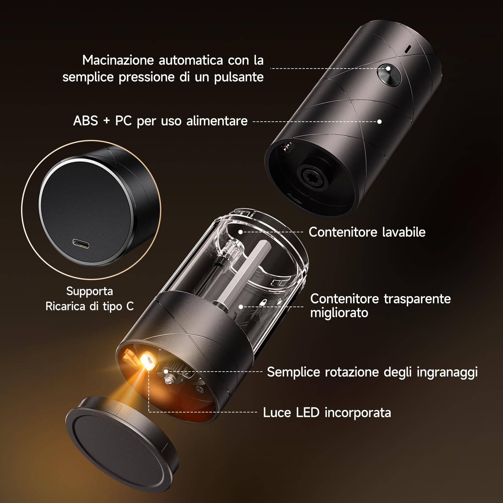 Variglas Macinasale e pepe elettrico, set da 2 pezzi, con USB, ricaricabile tramite USB, grande capacità, migliorata capacità elettrica, grossolana regolabile, luce LED (01B)