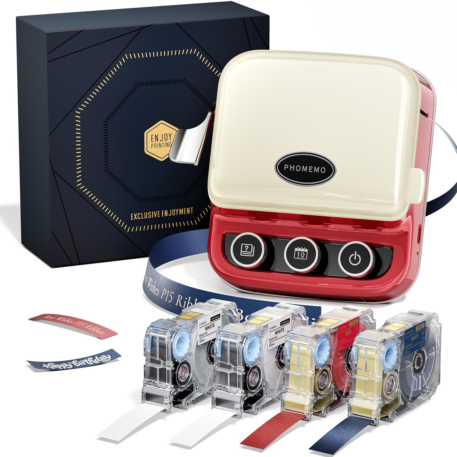 Phomemo P15 Ribbon Label Maker, Bluetooth Retro Label Printer, Ribbon Printer with 4 Tapes, One-Touch Date Printing, Inspiration Button and Gift Bag for Gift Home School Ribbon, Vintage Red