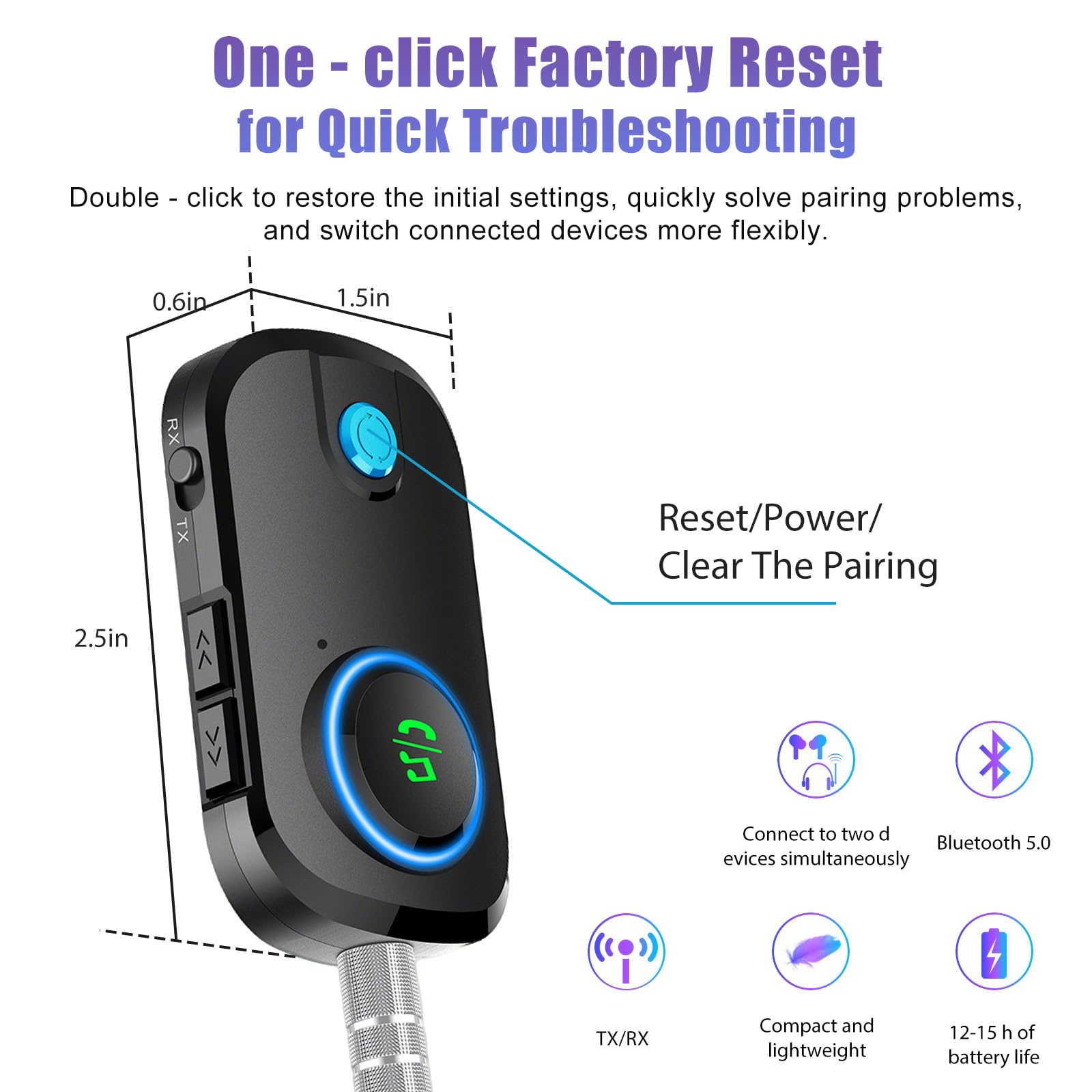 Trasmettitore Ricevitore Bluetooth 5.3, 2-in-1 Adattatore Bluetooth Auto, Cuffie Aereo con Supporto 2 Auricolari, Jack 3.5 mm AUX, Adattatore Wireless per TV, Autoradio, Home Theater, Lettori MP3