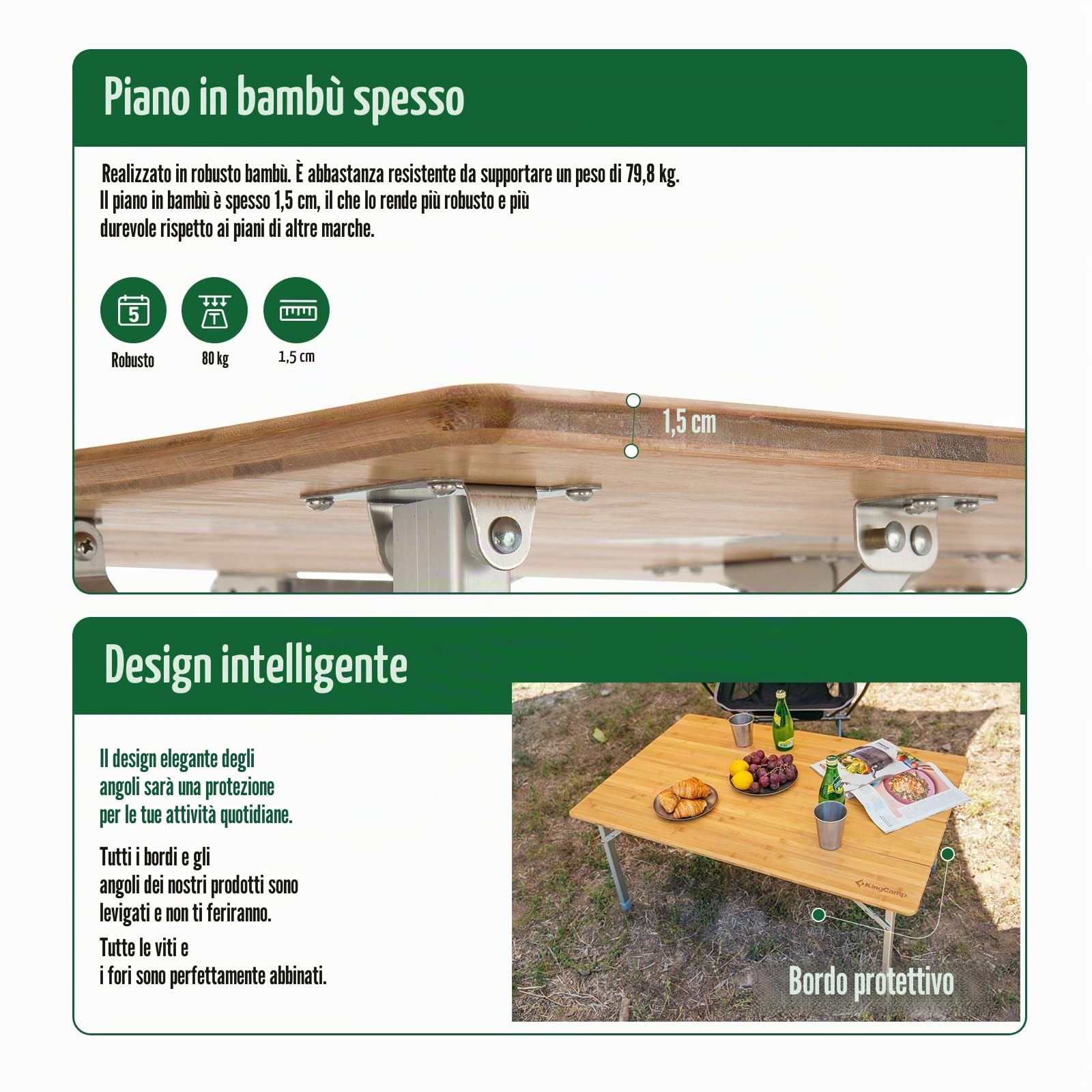 KingCamp Tavolo Pieghevole 100x65x45/52/65cm in Bamboo Regolabile in Altezza, da Esterno, Interno, Portatile, Salvaspazio, da Campeggio, Arrotolabile, Balcone Giardino Picnic