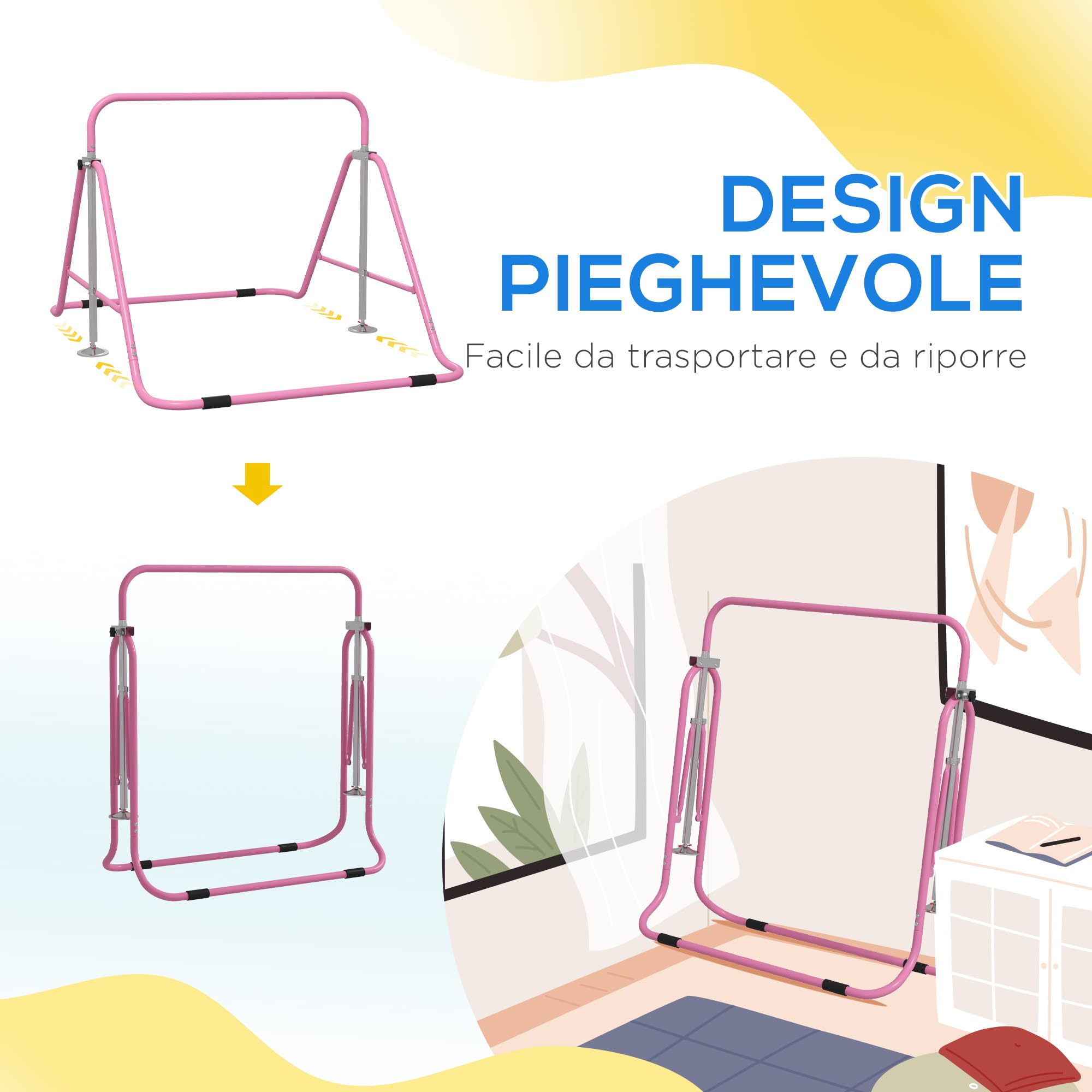 HOMCOM Sbarra per Trazioni Pieghevole per Bambini 3-8 Anni, Sbarra Ginnastica con Altezze Regolabili in 5 Posizioni e Struttura in Acciaio, 154x106.2x88.5-128.5cm, Rosa
