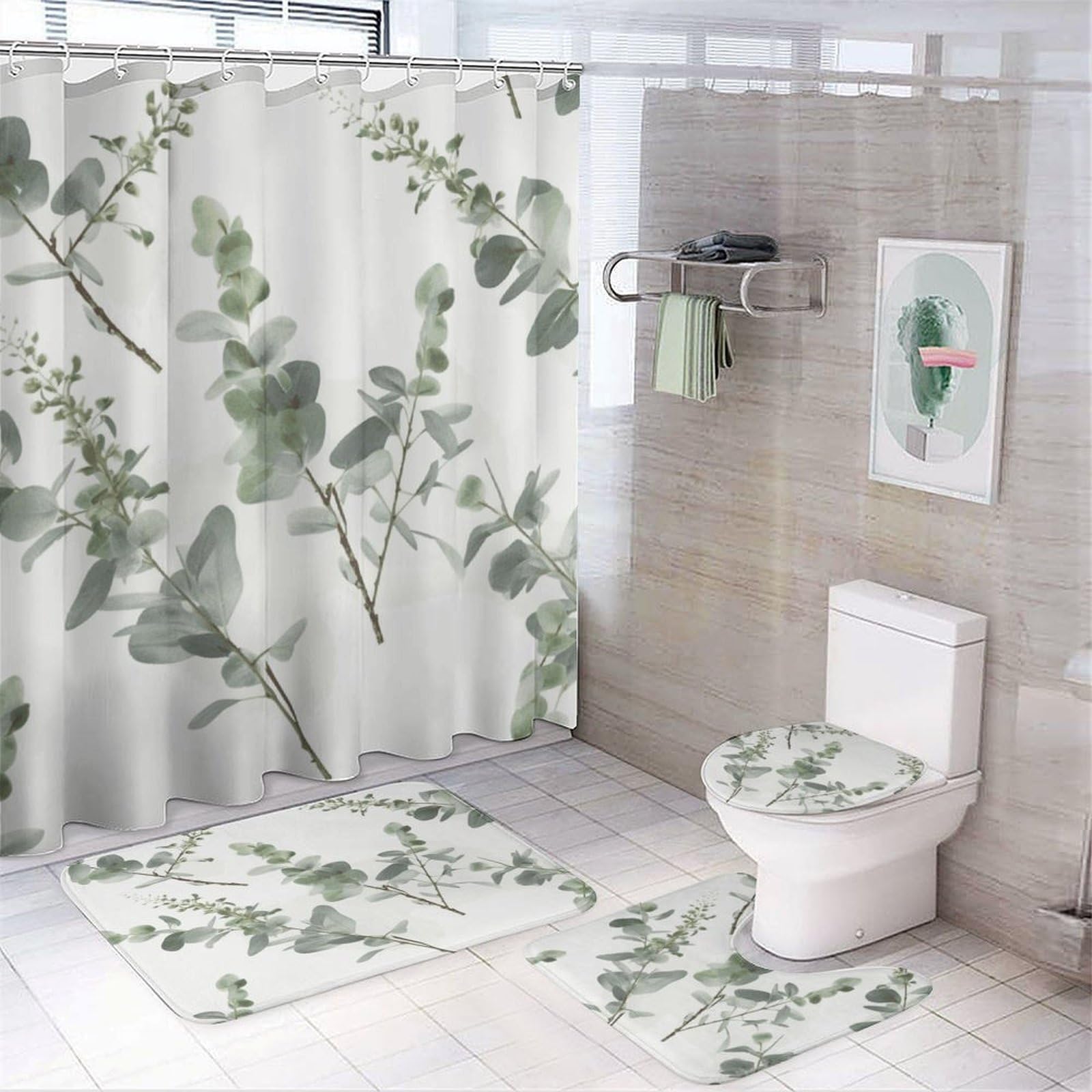 Rideau de douche et tapis de bain : lot complet 4 pièces blanc avec 12 crochets pour salle de bain