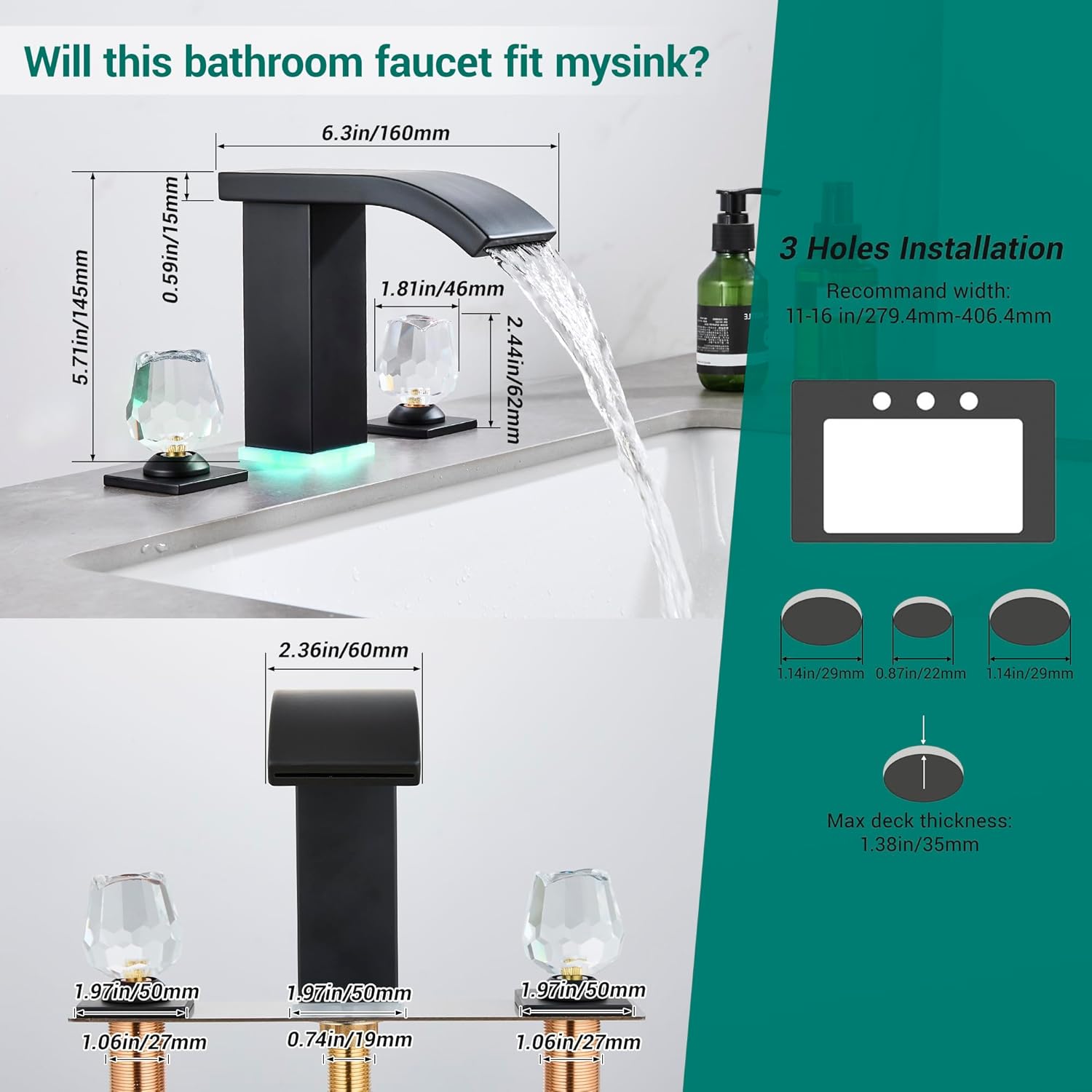 Bathroom faucets 3 Hole Widespread Modern Bathroom Sink Faucet 8 inch Matte Black Bathroom 3 Hole LED Light Waterfall Vanity Faucet Sink with Pop Up Drain (Matte Black)