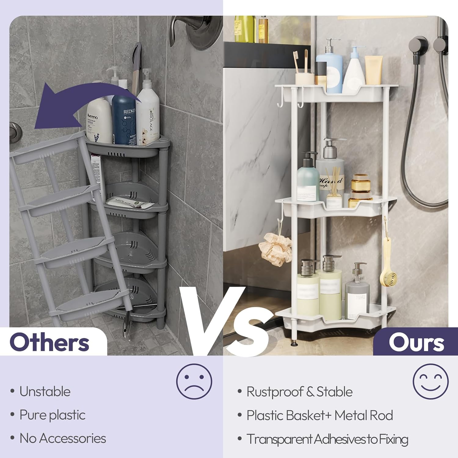 SWTYMIKI Corner Shower Caddy Standing - 3 Tier Floor Standing Shower Organizer with 4 Hooks, Plastic & Stainless Steel Waterproof Corner Stand Shower Shelf Storage Rack for Bathroom, Bathtub, White