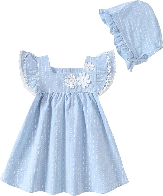 Kucnuzki Baby Girl Clothes Toddler Girls Summer Dress Ruffle Fly Sleeve Casual Sundress Square Neck Cute Outfit for Kids
