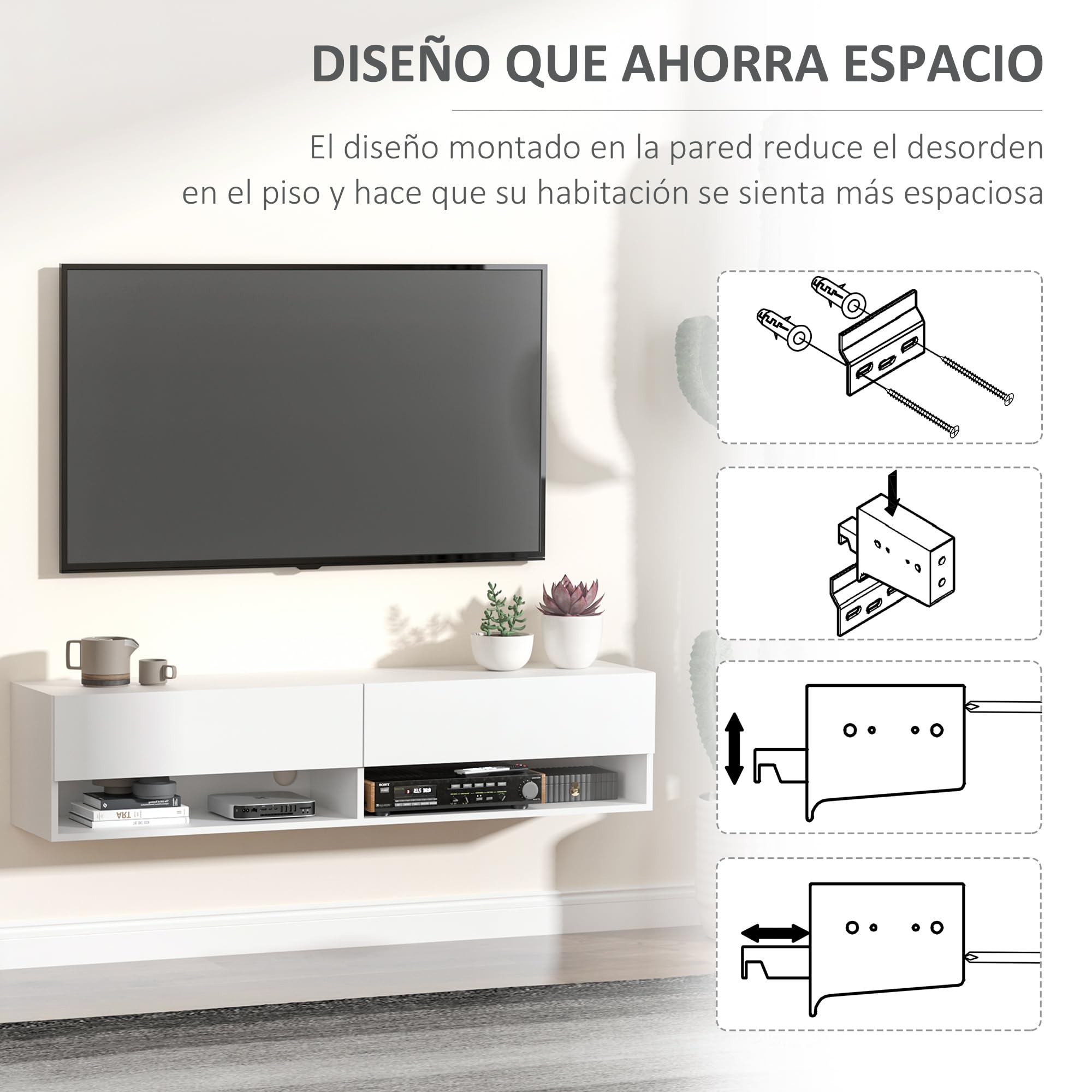 HOMCOM Mueble de TV Suspendido para 60" 140x32x31 cm Blanco