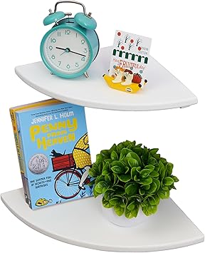 White Corner Shelf, Wall Mount 7inch Natural Oak Wood Floating Corner Wall Shelf Round End Small Corner Nightstand Plant Shelf for Bedroom, Kitchen, Living Room Set of 2…