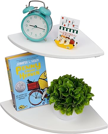 White Corner Shelf, Wall Mount 7inch Natural Oak Wood Floating Corner Wall Shelf Round End Small Corner Nightstand Plant Shelf for Bedroom, Kitchen, Living Room Set of 2…