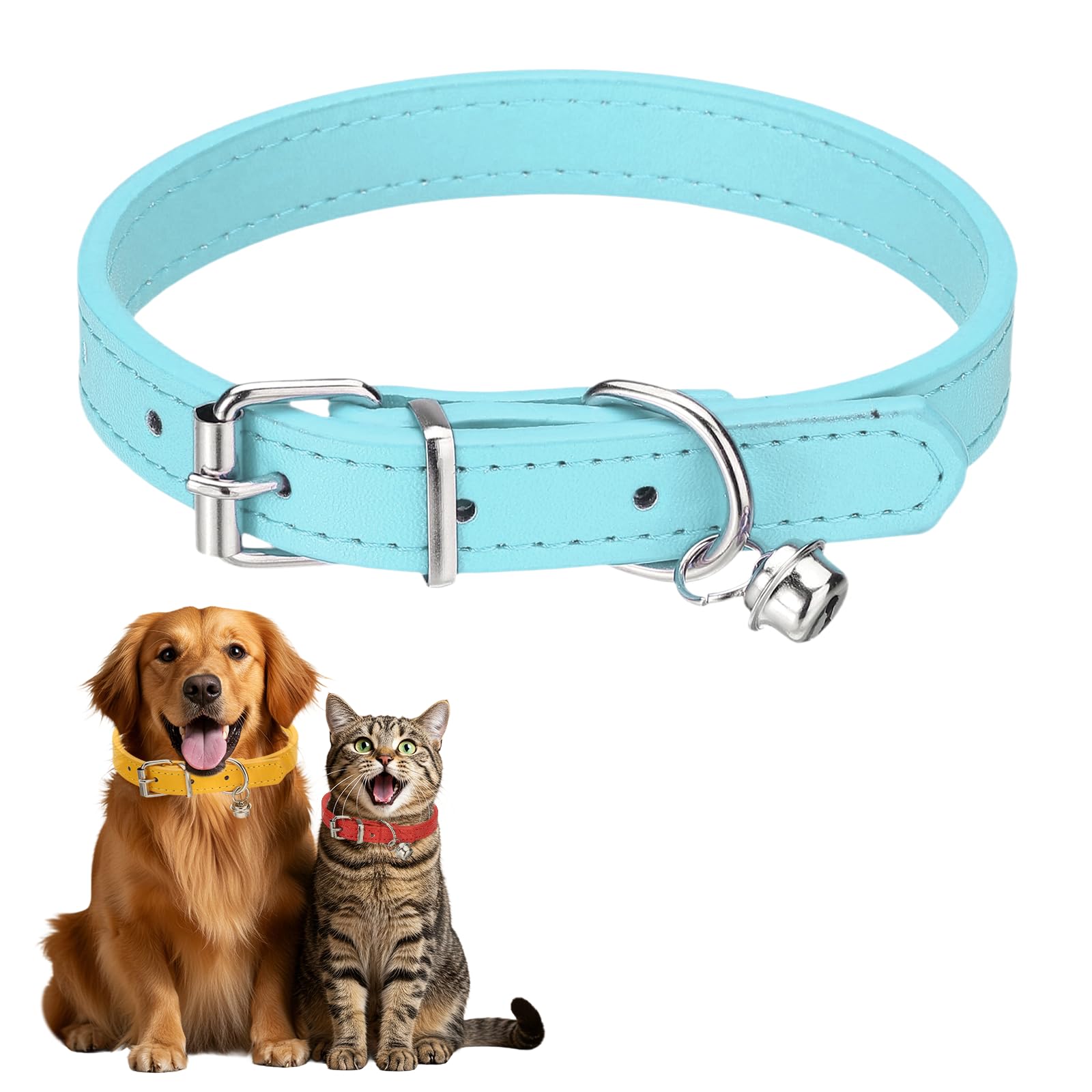 sourcing map Dog Collar with Bell, Pu Leather Cat Collars Pet Basic Soft Padded Adjustable Buckle, 14.5" (Sky Blue, 1 Pcs), Intended for Teacup/Little Dog/Kitten Cats/Small Animals